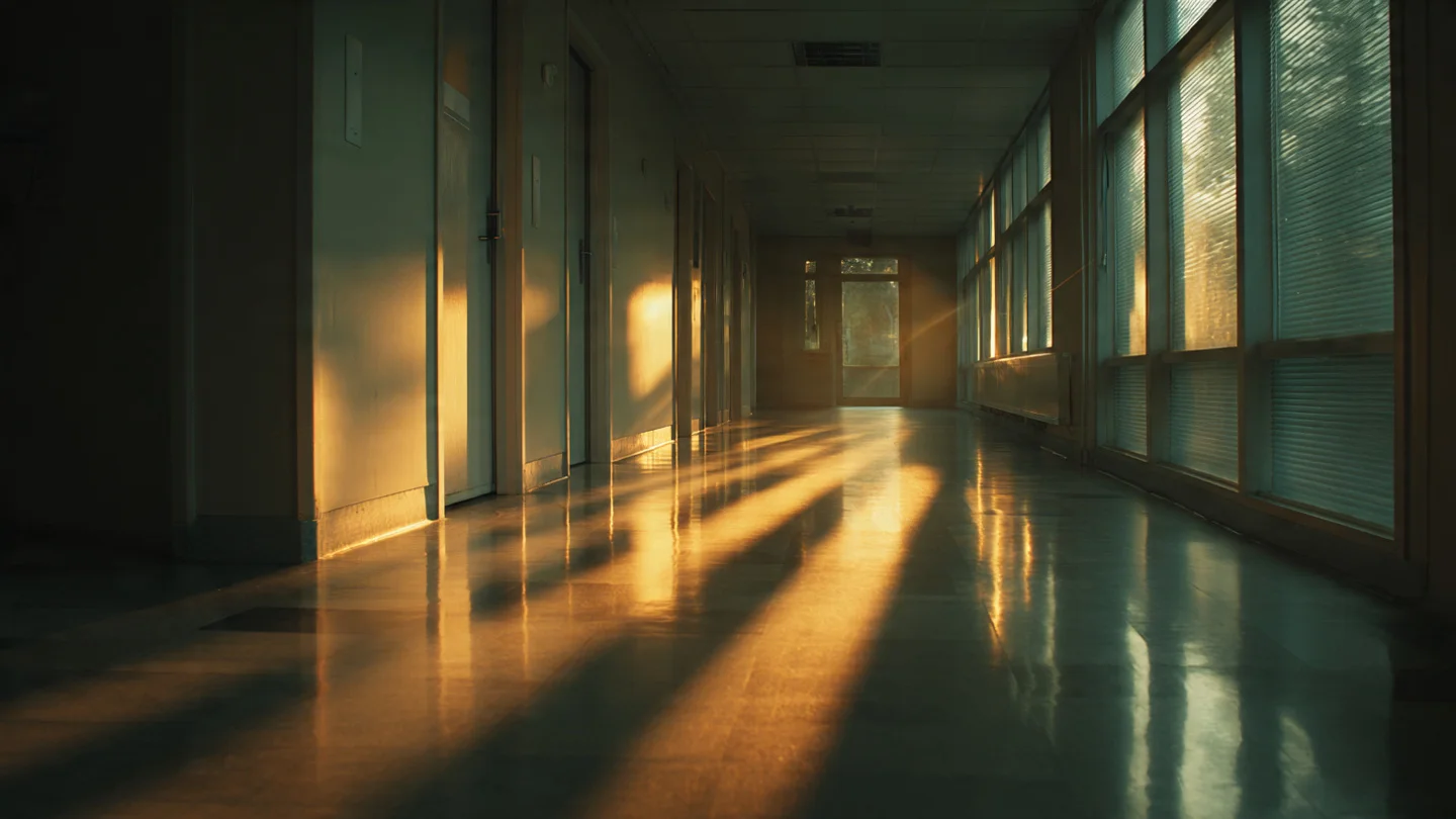 A quiet surgical corridor with morning light streaming through frosted glass, casting long soft shadows across an empty hallway
