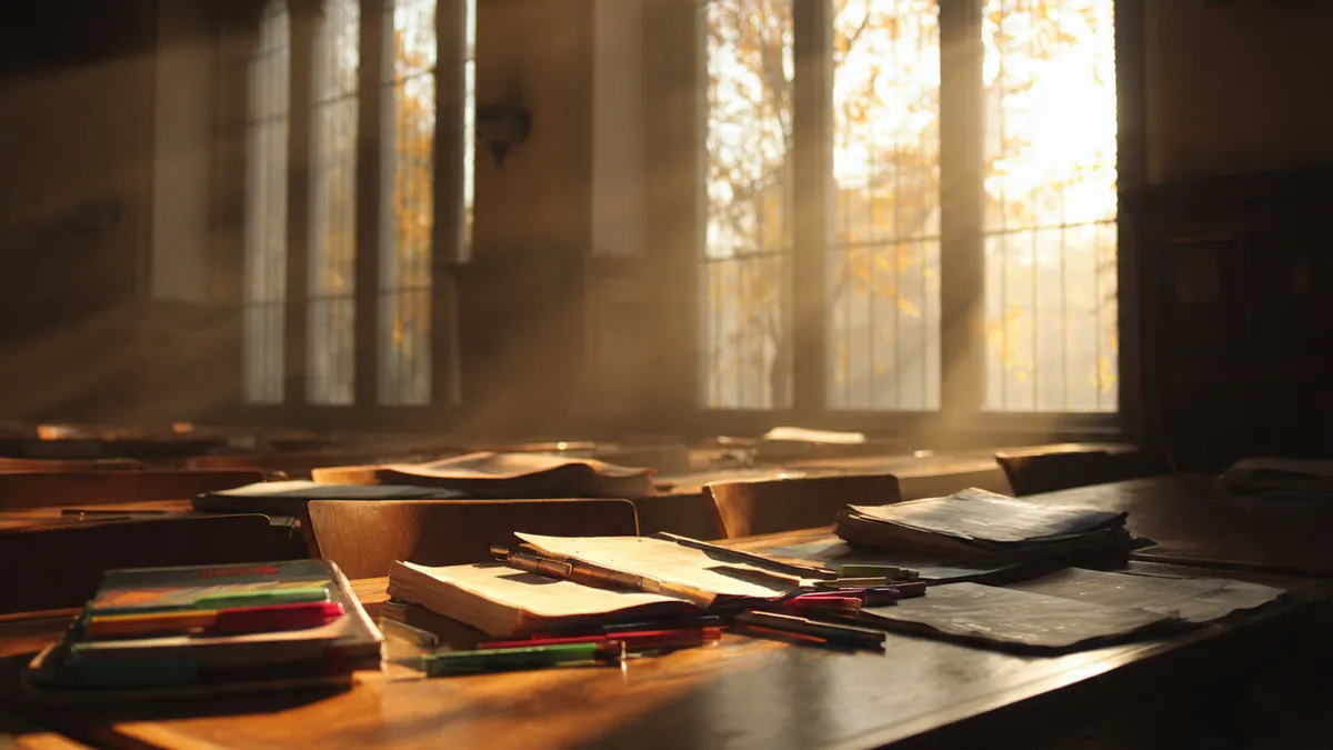 An empty lecture hall bathed in warm afternoon light, notebooks and colored pens left scattered on desks