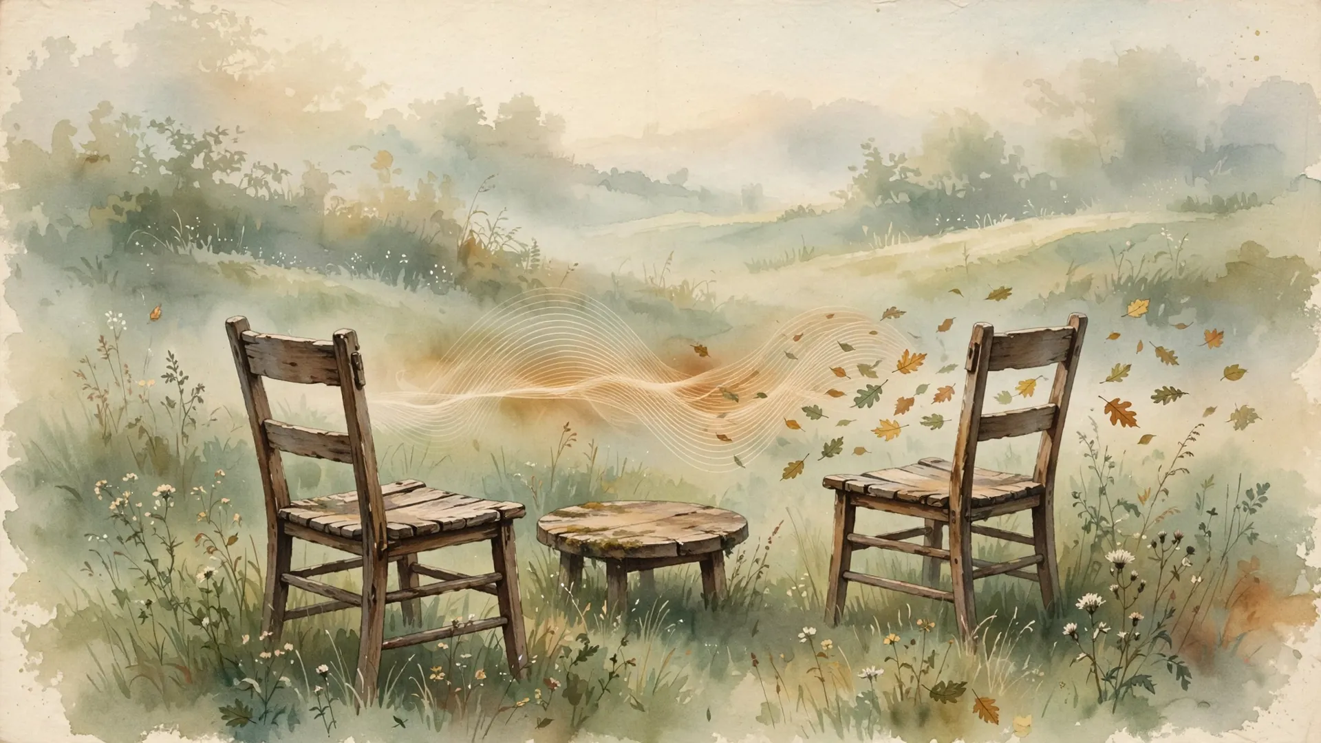 Watercolor illustration of two empty wooden chairs facing each other across a small table in a misty green meadow at dawn, faint sound-wave ripples dissolving into drifting leaves, earthy greens and warm creams, vintage nature-magazine style, no text