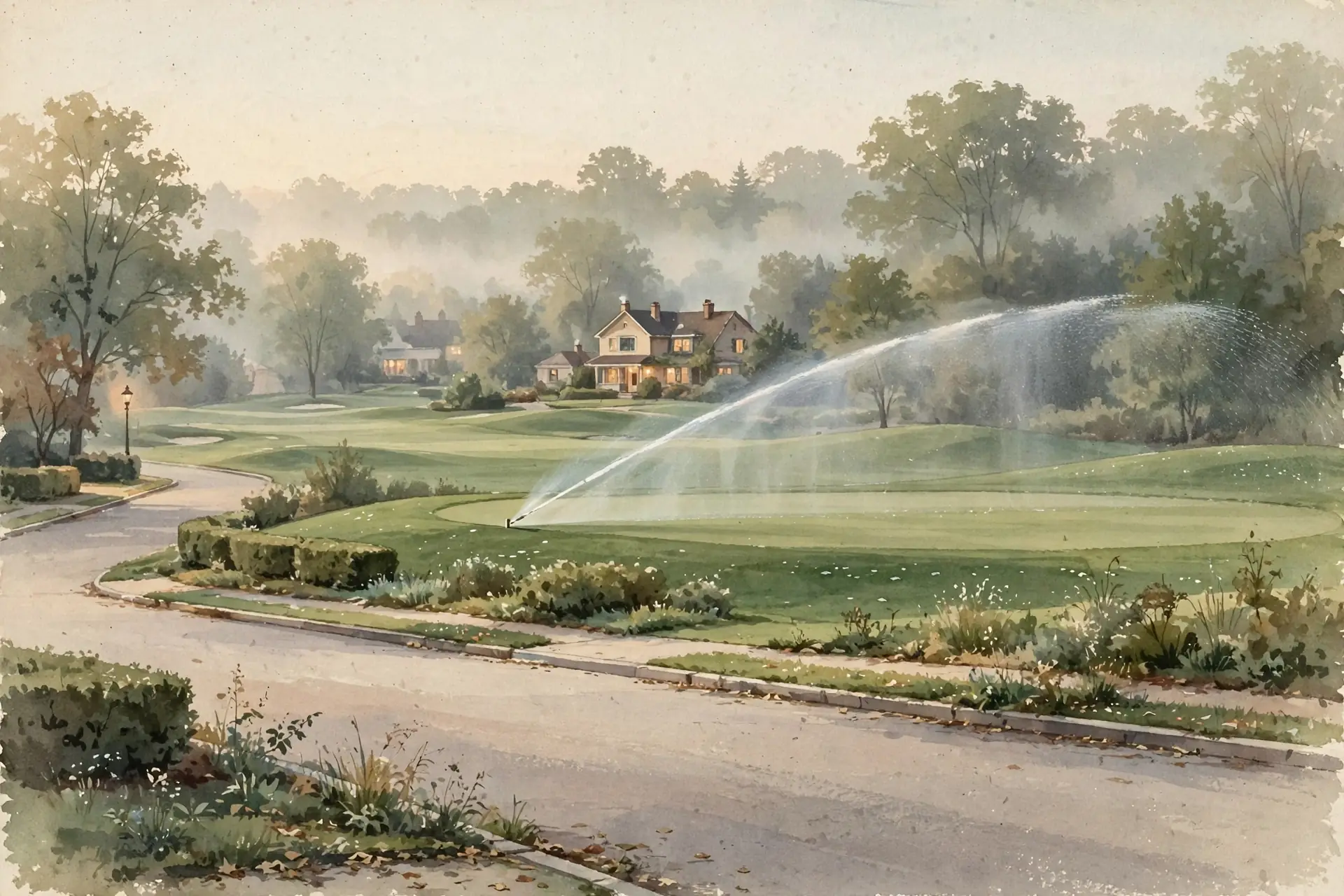 Vintage nature-magazine watercolor of a perfectly manicured golf course green at dawn seen from a quiet suburban street, a sprinkler arcing a fine mist across the fairway, a house with warm glowing windows in the middle distance, low morning fog, earthy greens and warm creams, editorial illustration, no text