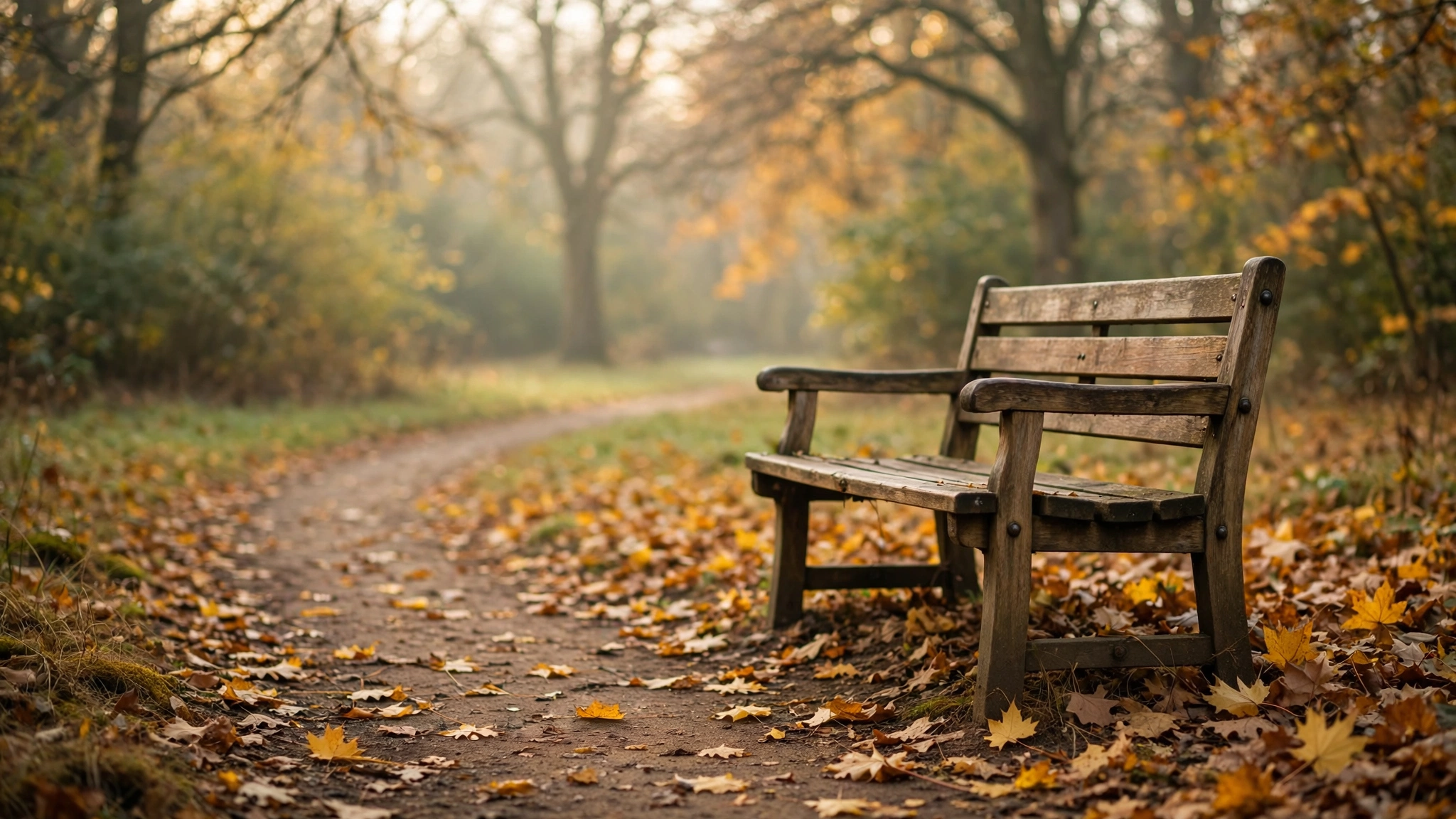 An empty park bench in soft golden light with fallen autumn leaves scattered around it