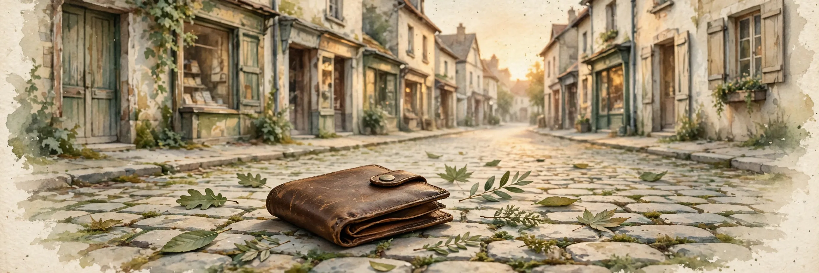 Vintage nature-magazine watercolor of a worn leather wallet resting on a cobblestone street at golden hour, warm light on old shopfronts, a few green leaves scattered nearby, earthy greens and warm creams, editorial illustration, no text