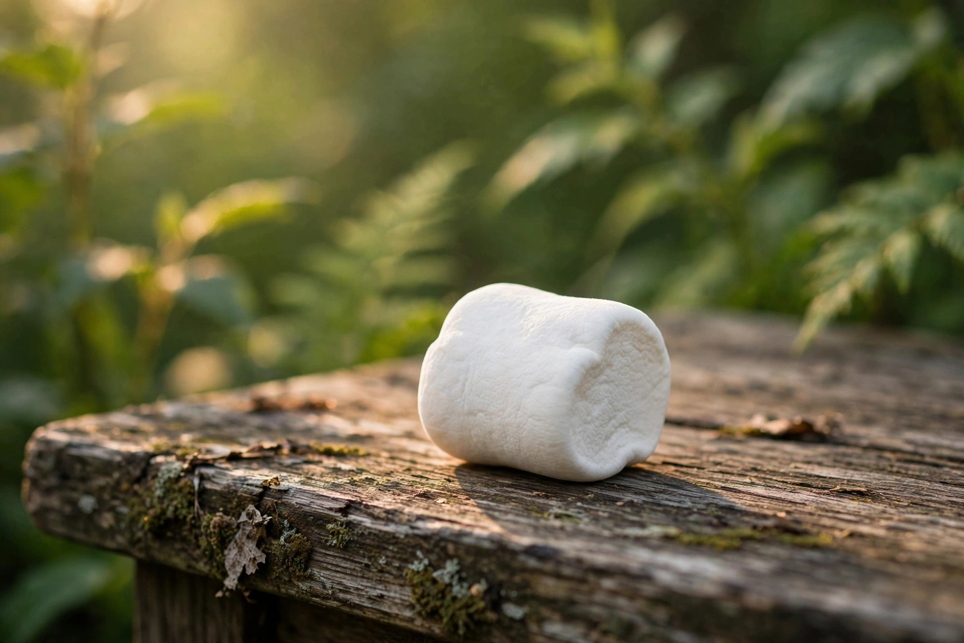 A single white marshmallow resting on a weathered wooden table in warm morning light, soft-focus green foliage behind, shallow depth of field, earthy greens and warm cream tones, nature magazine style