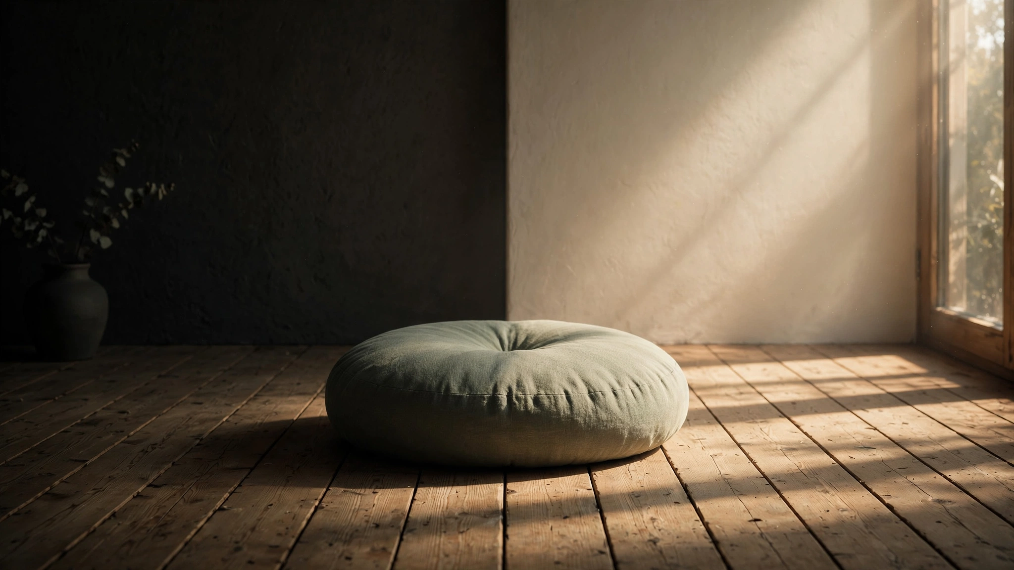 A still meditation cushion in a quiet room, half illuminated by warm light and half cast in shadow