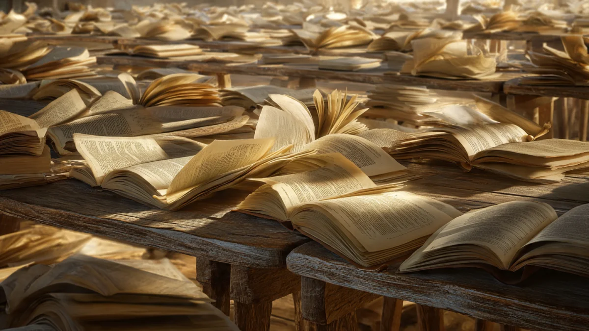A vast library of open books on wooden tables stretching into warm golden light, pages turning in a gentle breeze
