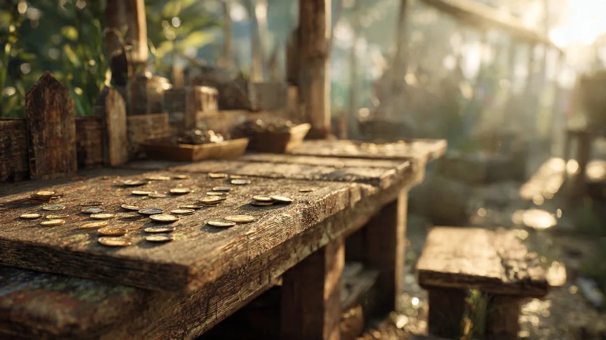A quiet village market scene at dawn with empty wooden stalls and scattered coins on a weathered counter, warm golden light filtering through morning haze