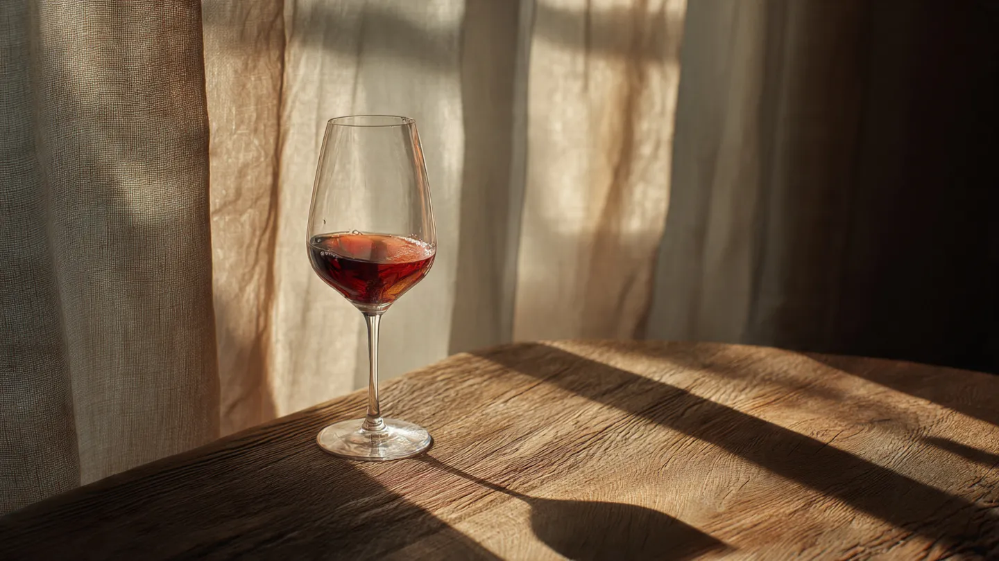A single wine glass on a wooden table casting a long shadow, with warm golden evening light filtering through a window