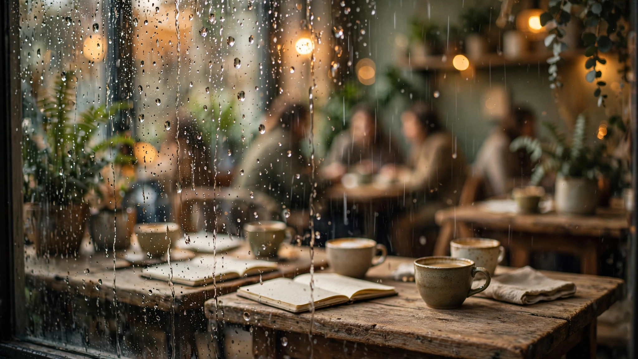 A warm busy café interior seen through a rain-dotted window, golden ambient light spilling across wooden tables with scattered notebooks and coffee cups