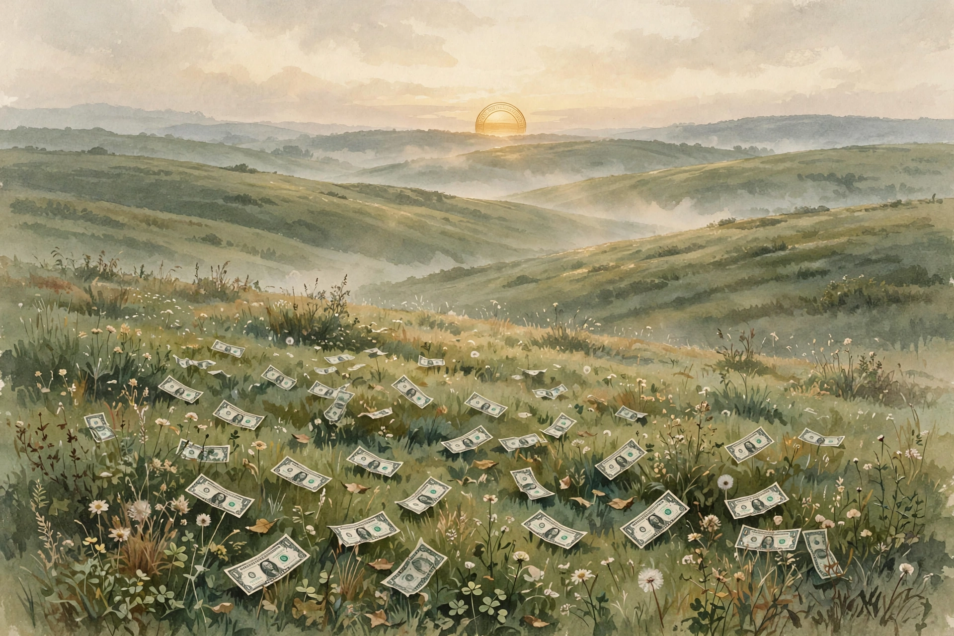 Watercolor illustration of a meadow with dollar bills drifting like leaves across rolling sage-green hills at dawn, a coin-shaped sun on the horizon, earthy greens and warm cream tones, nature magazine style