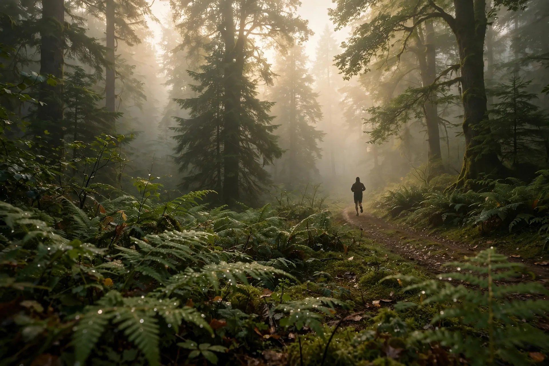A runner's silhouette on a misty forest trail at dawn, deep green foliage and warm cream morning light