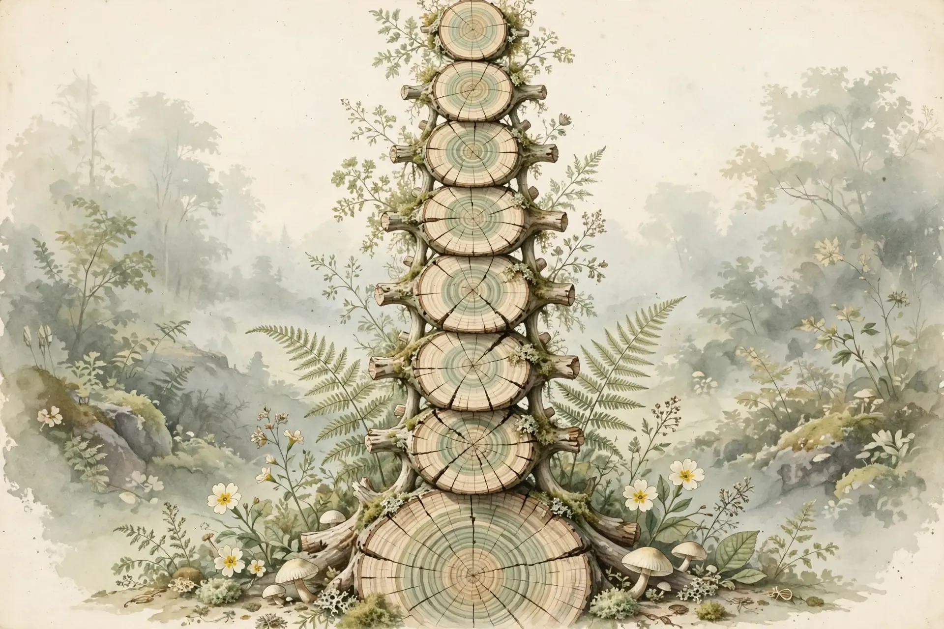 Vintage nature-magazine watercolor of a human spine rendered as an ancient tree trunk cross-section, vertebrae depicted as tree growth rings in sage green and warm cream tones, soft morning mist, editorial illustration, no text