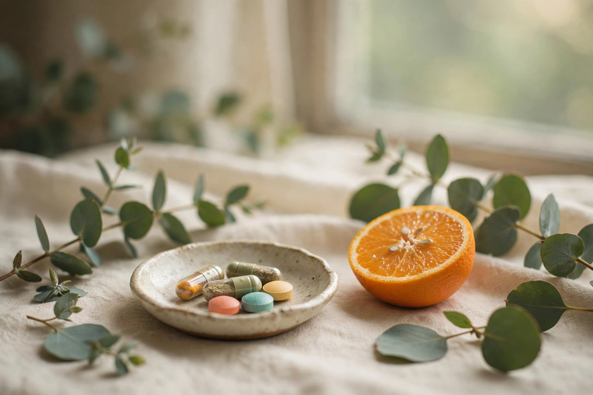 Editorial still-life photograph of a ceramic dish holding colorful vitamin pills and capsules beside a halved orange and eucalyptus sprigs on warm cream linen, soft morning light, earthy greens and warm cream tones