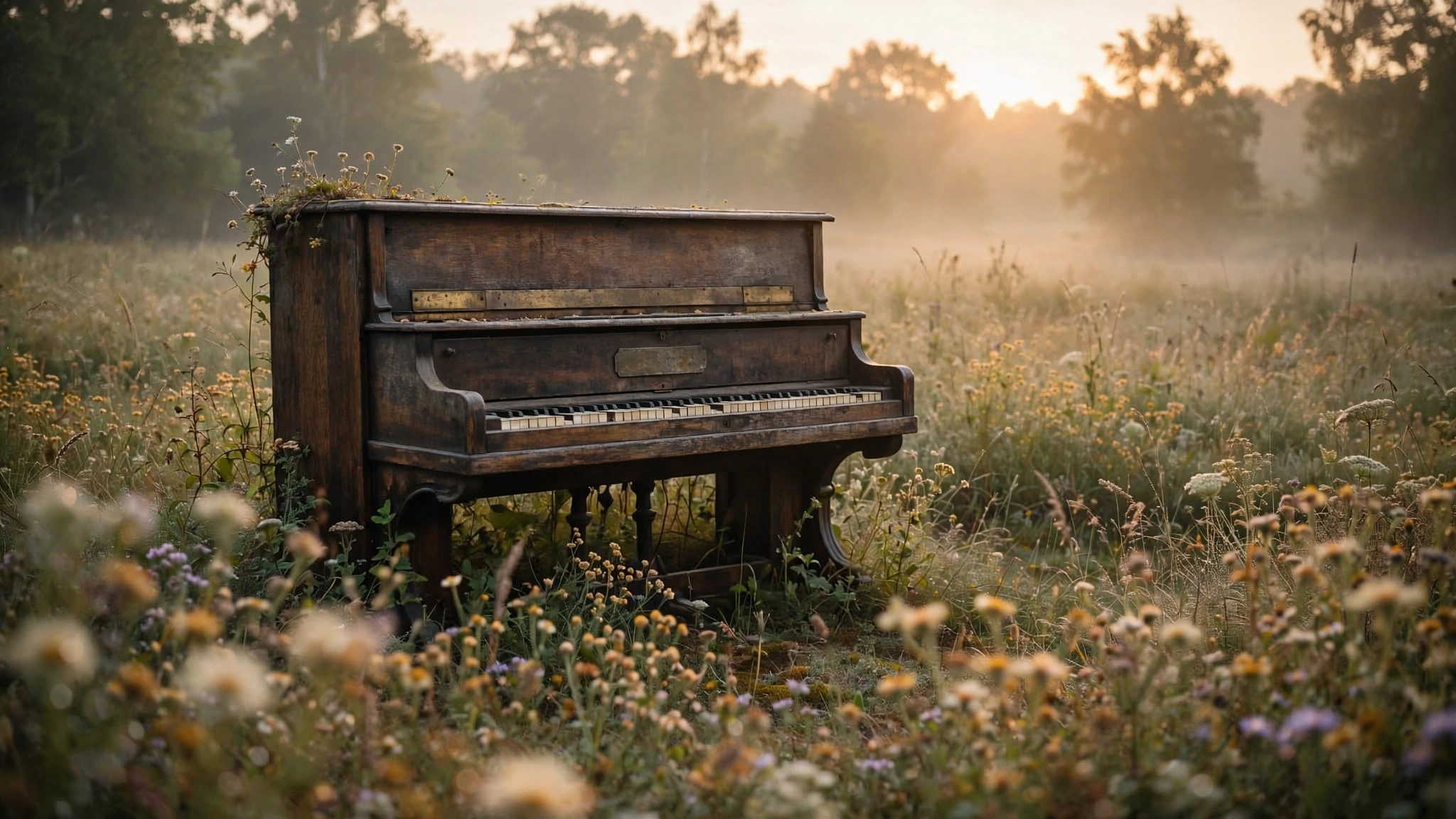 An abandoned piano in a sunlit meadow with wildflowers growing around its legs in soft morning light