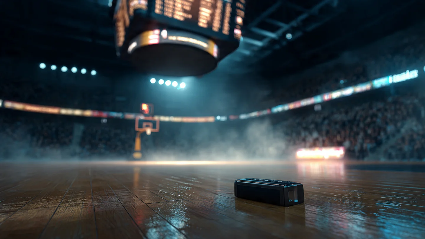 Empty basketball arena with a referee whistle on the hardwood court at center circle