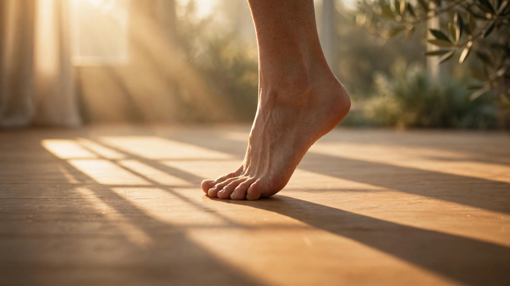 A single bare foot in mid-step on a smooth wooden floor, early morning light casting a long angular shadow across the warm grain