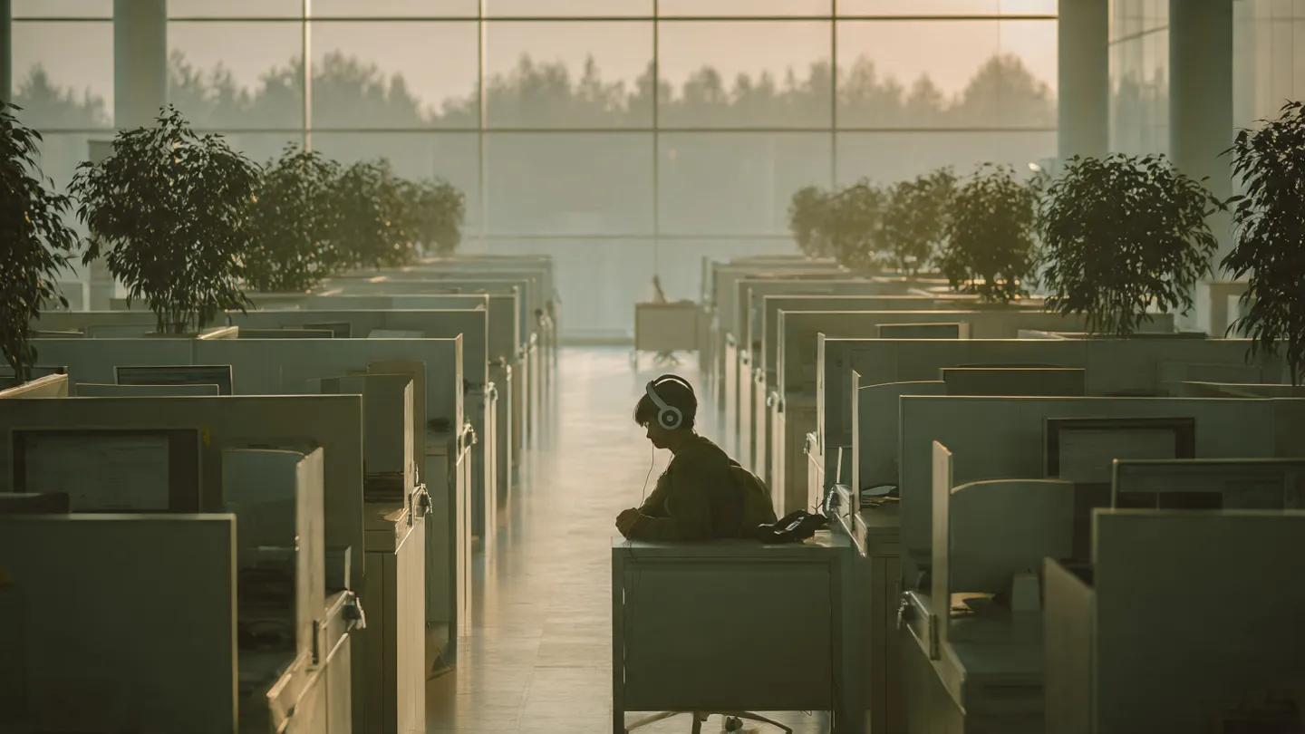 Empty open office floor with rows of desks, a lone figure wearing headphones in the distance