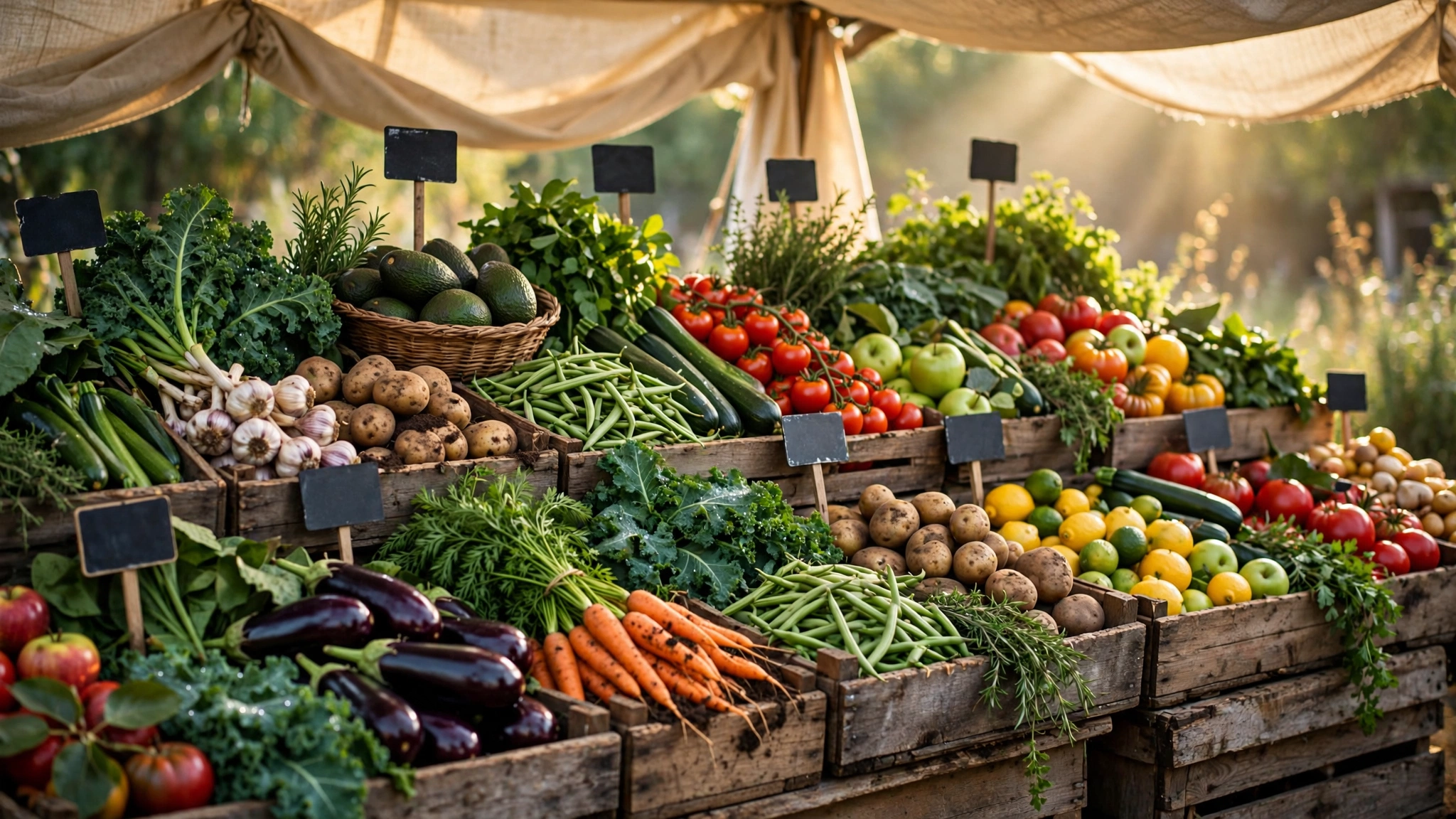A farmer's market produce display with vibrant organic vegetables and handwritten price tags, soft morning light filtering through canvas awnings