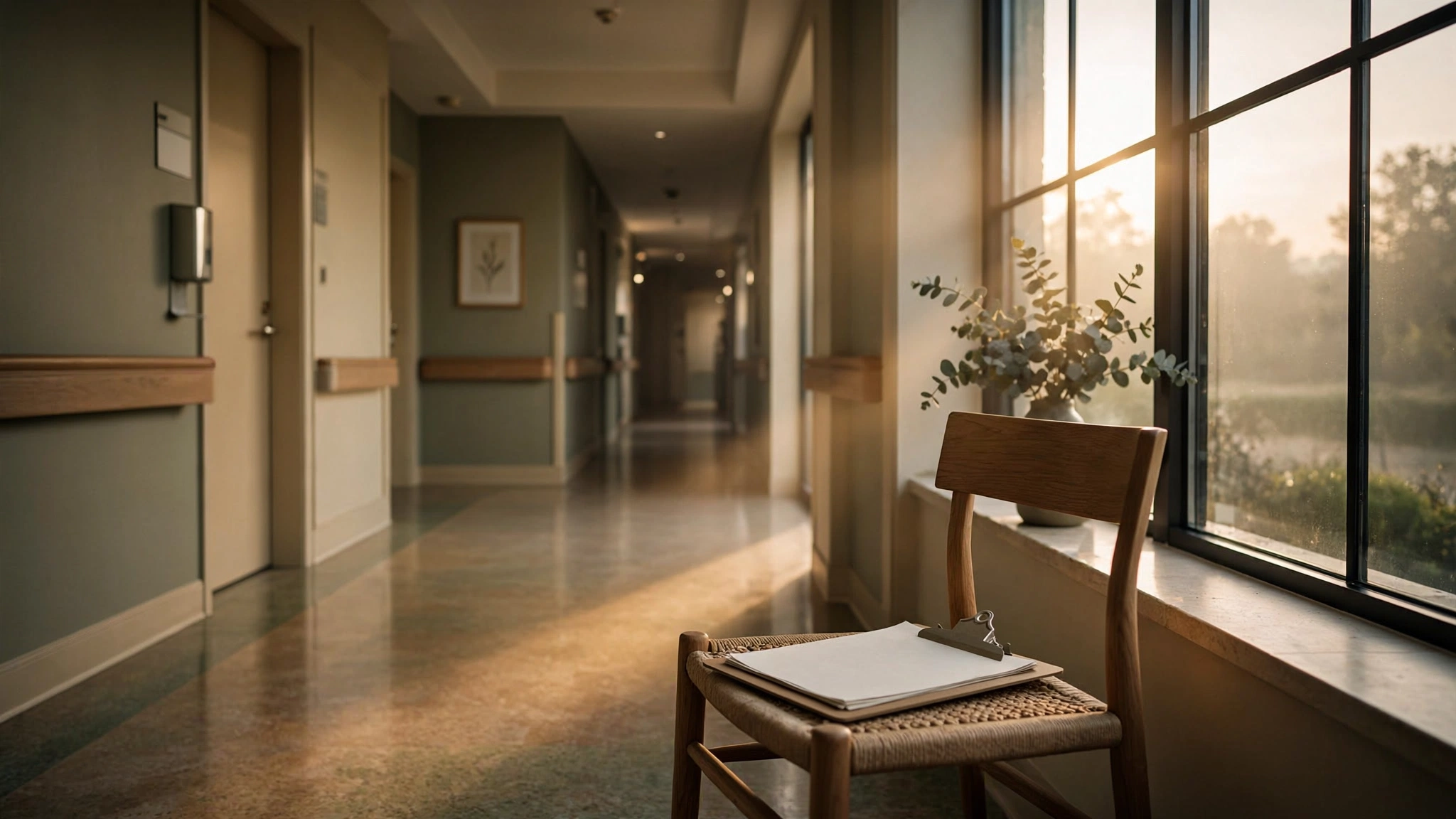 A softly lit hospital corridor at dawn with a patient satisfaction clipboard resting on an empty chair beside a window, warm golden morning light