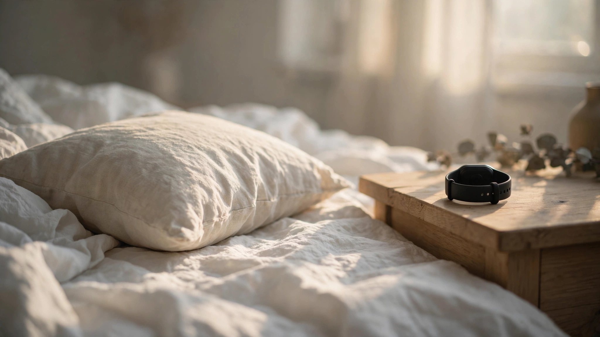 A sleep tracker glowing softly on a nightstand beside rumpled bedsheets in warm early morning light