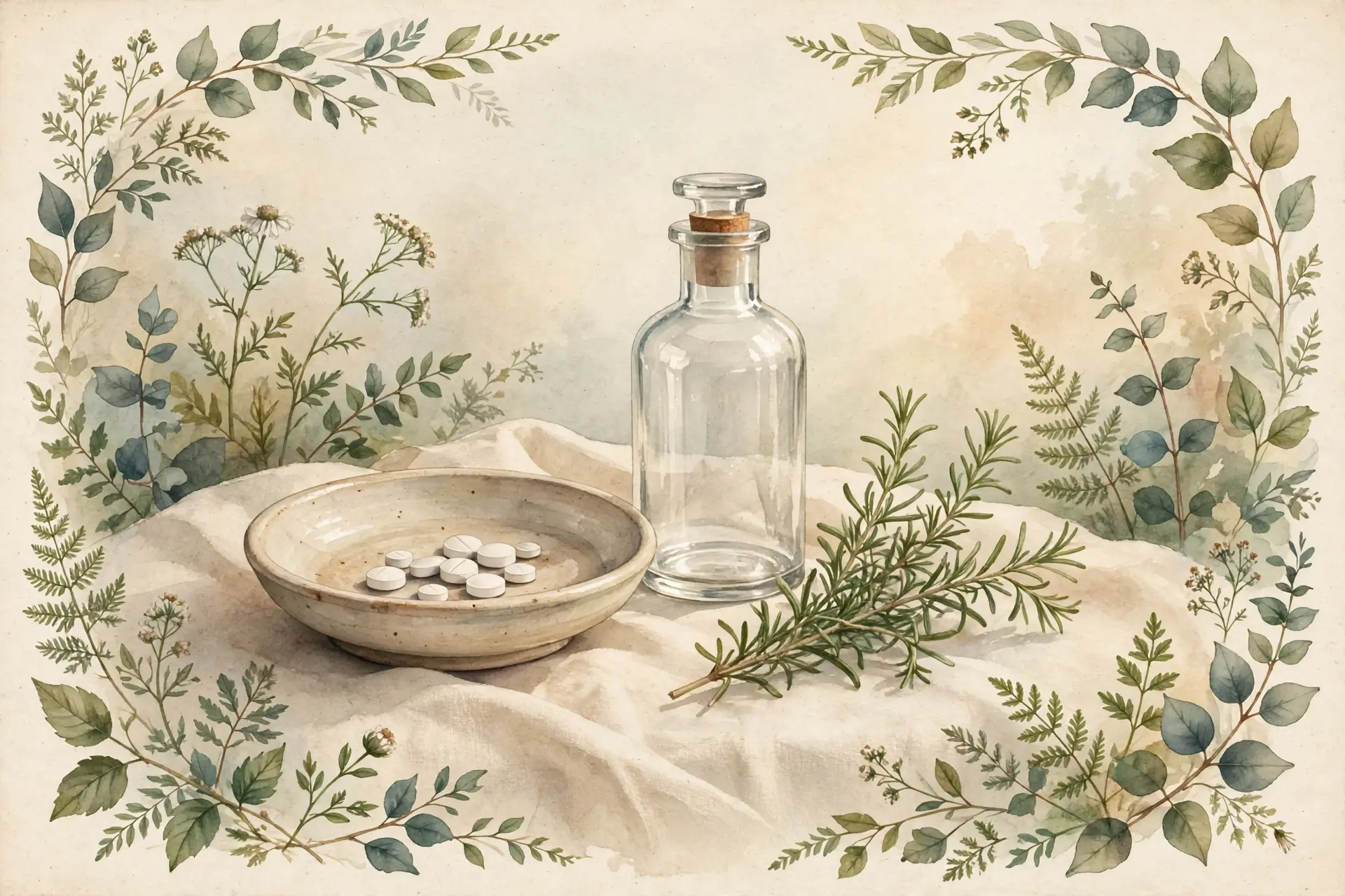 Vintage nature-magazine watercolor of an open ceramic dish holding plain white pills beside a glass apothecary bottle and a sprig of green herbs on warm cream linen, soft morning light, earthy greens and warm creams, editorial illustration, no text