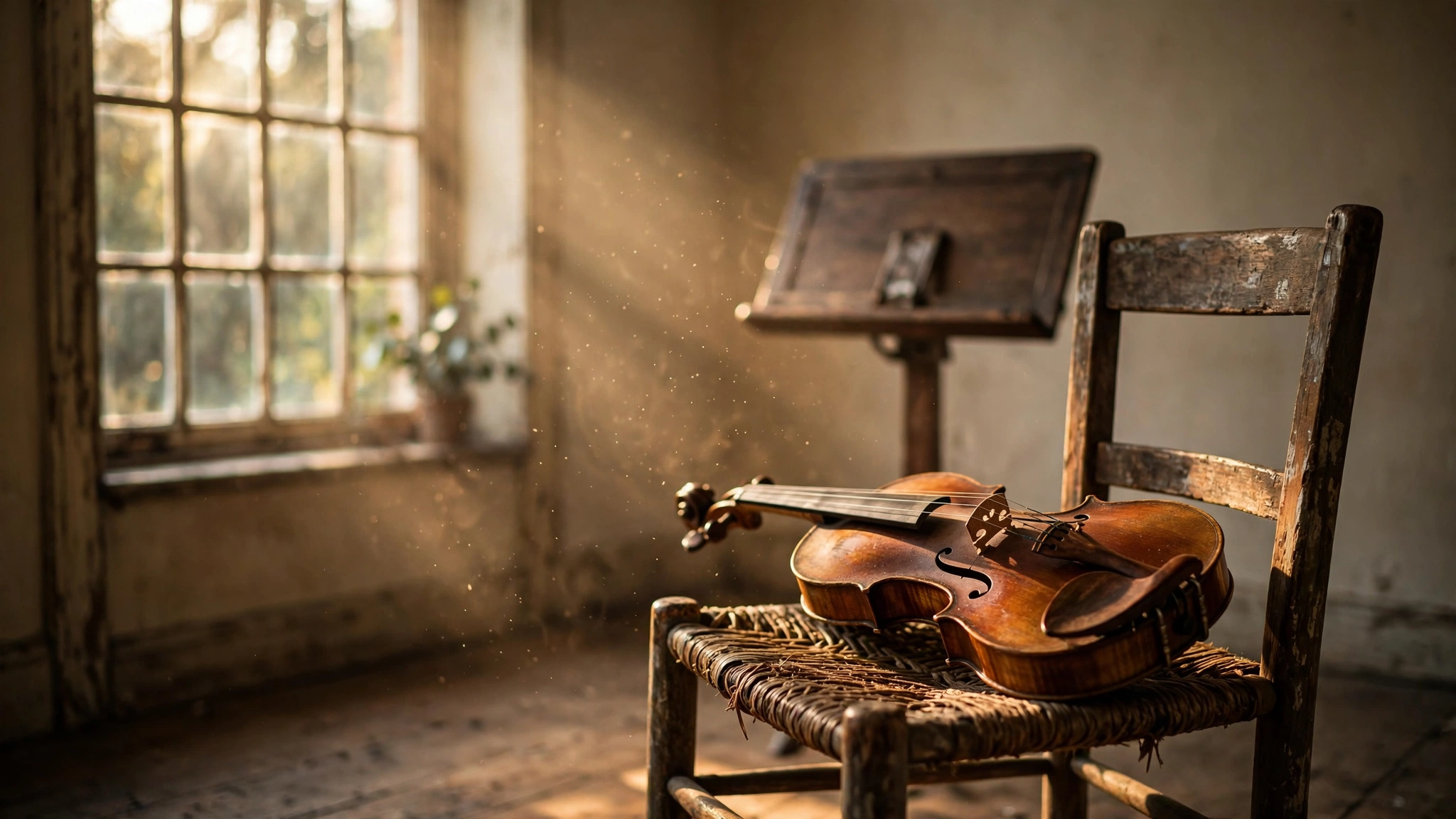 A solitary violin resting on a worn wooden chair in an empty practice room, late afternoon light streaming through a tall window