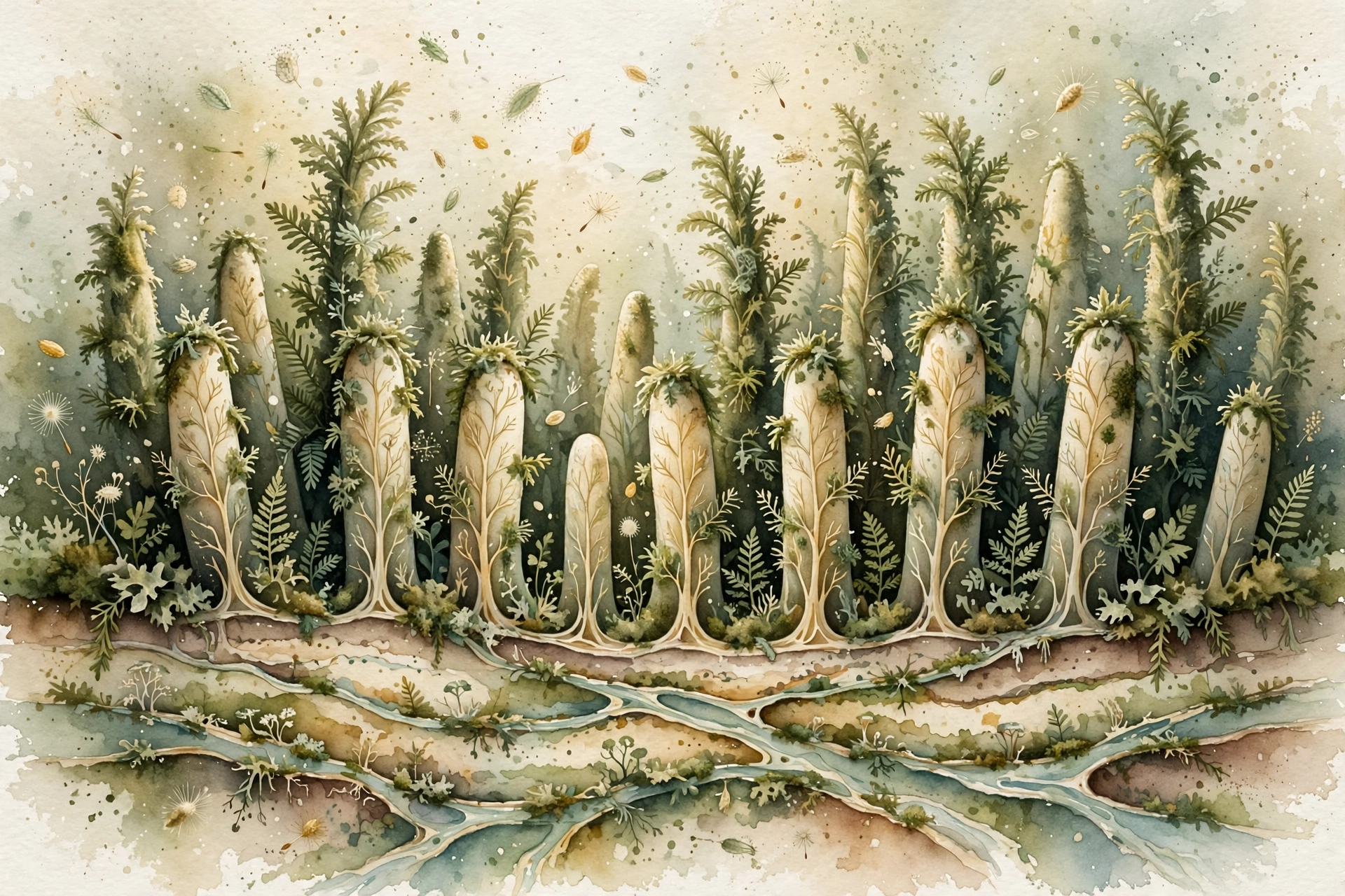 Watercolor illustration of a cross-section of intestinal villi in deep greens and warm cream tones, delicate microbial shapes drifting like seeds, soft botanical light