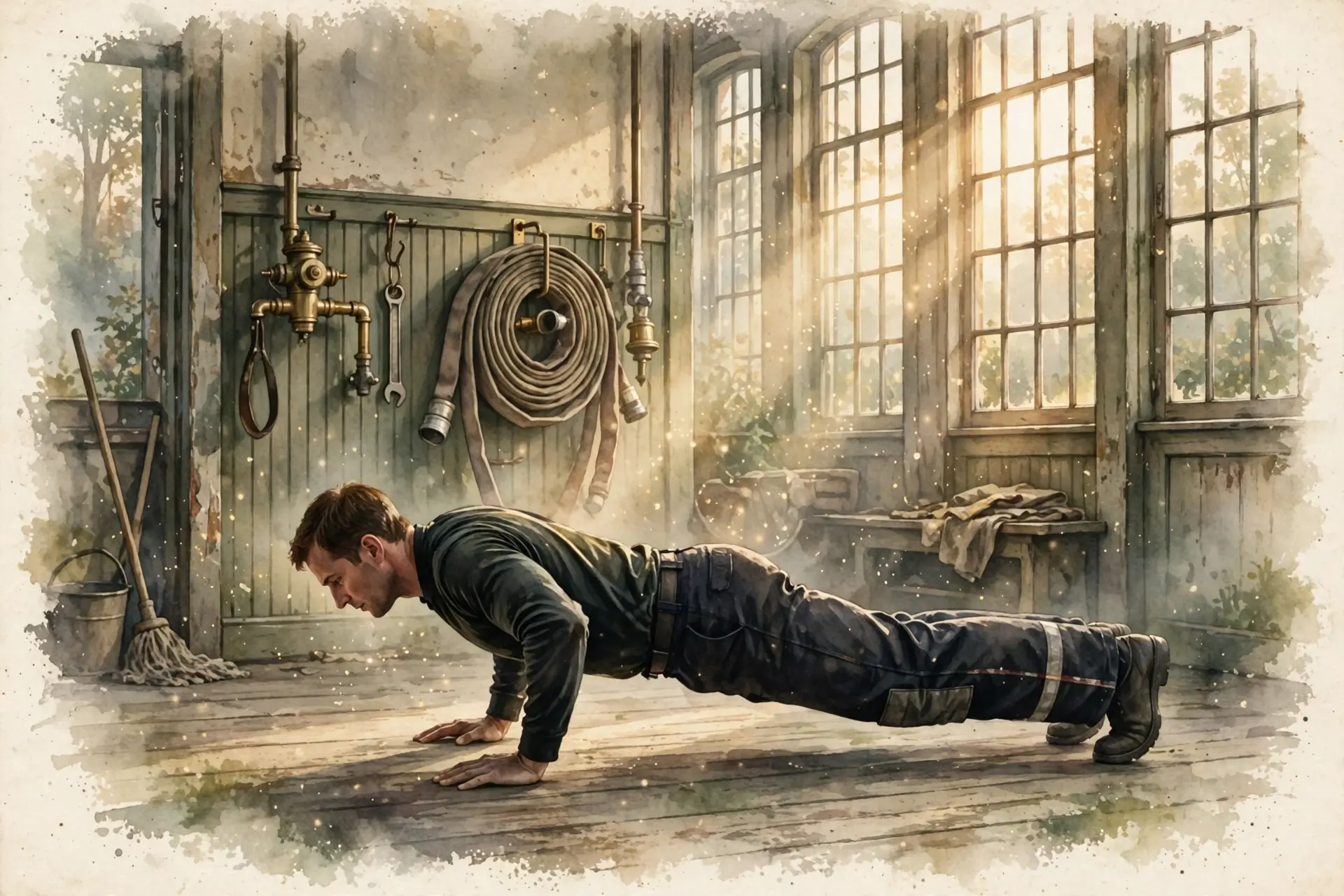 Vintage nature-magazine watercolor of a firefighter doing push-ups on a station-house floor at dawn, warm light through tall windows, a coiled fire hose on the wall, earthy greens and warm creams, editorial illustration, no text