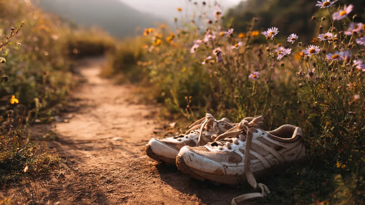 A pair of worn running shoes resting on a sunlit dirt trail winding through a grassy meadow at golden hour