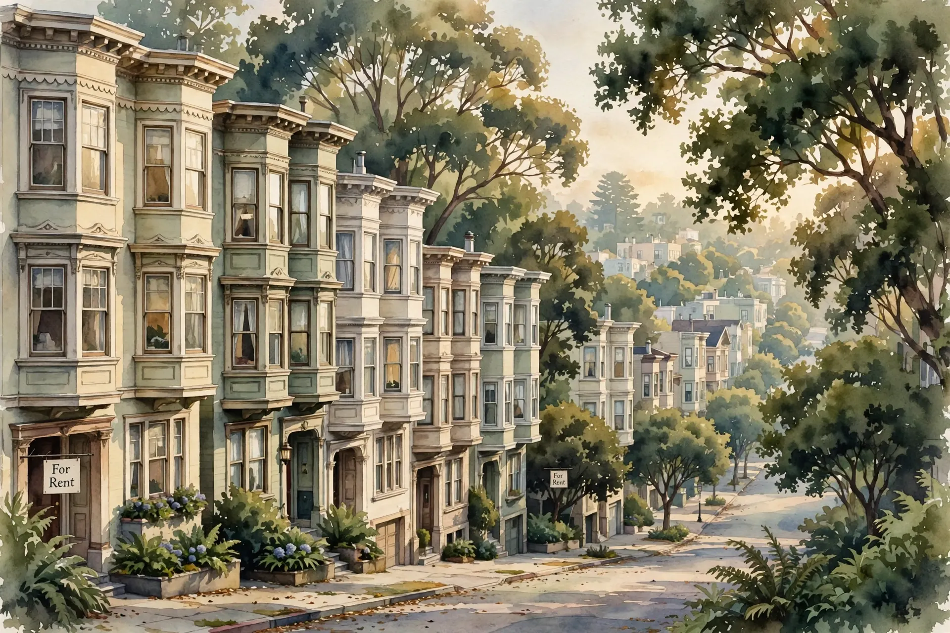 Watercolor illustration of a San Francisco street lined with Edwardian apartment buildings at golden hour, For Rent signs in windows, deep greens and warm cream tones