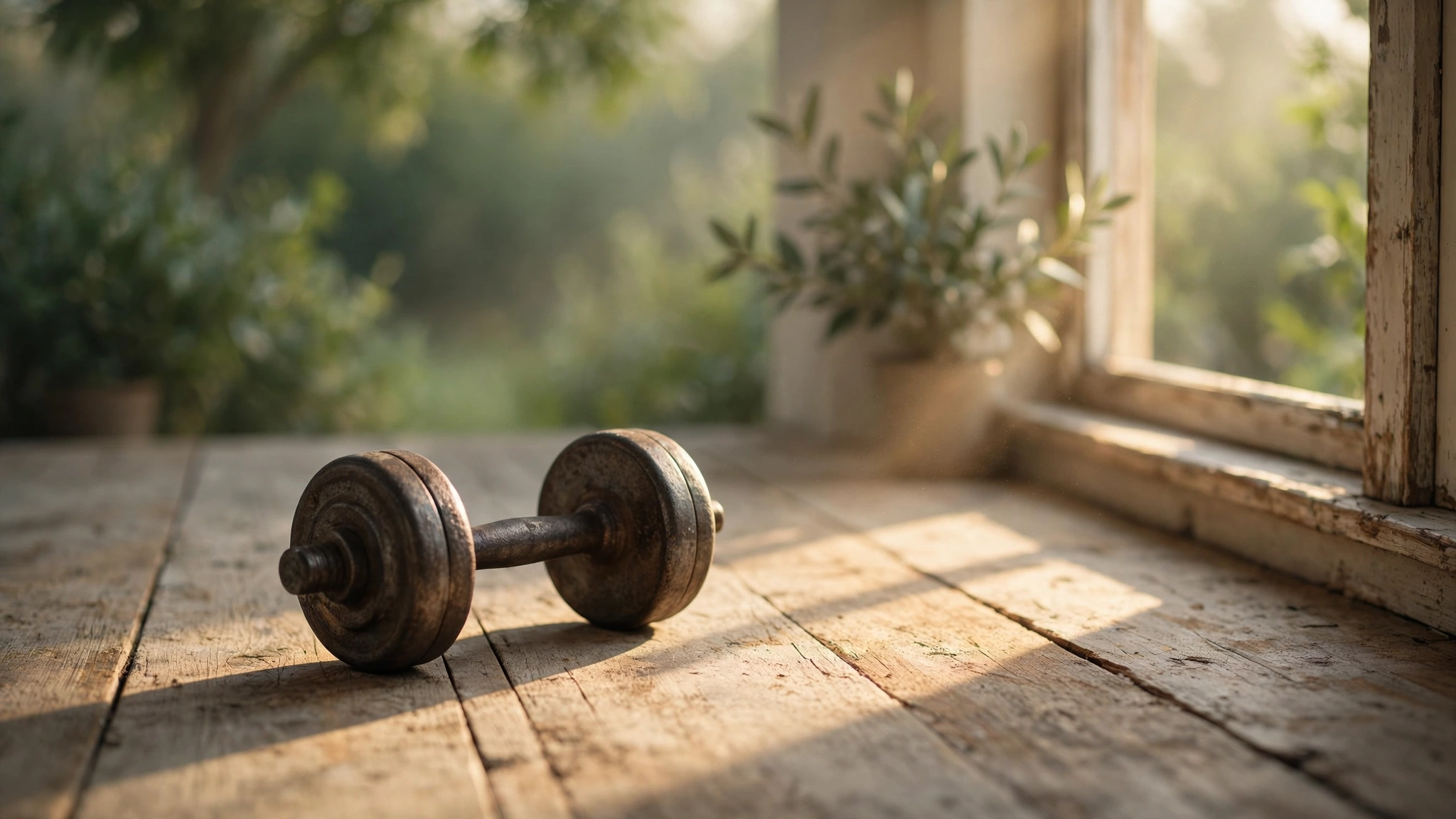 A single iron dumbbell resting on a worn wooden floor, early morning light casting a long calm shadow across the grain
