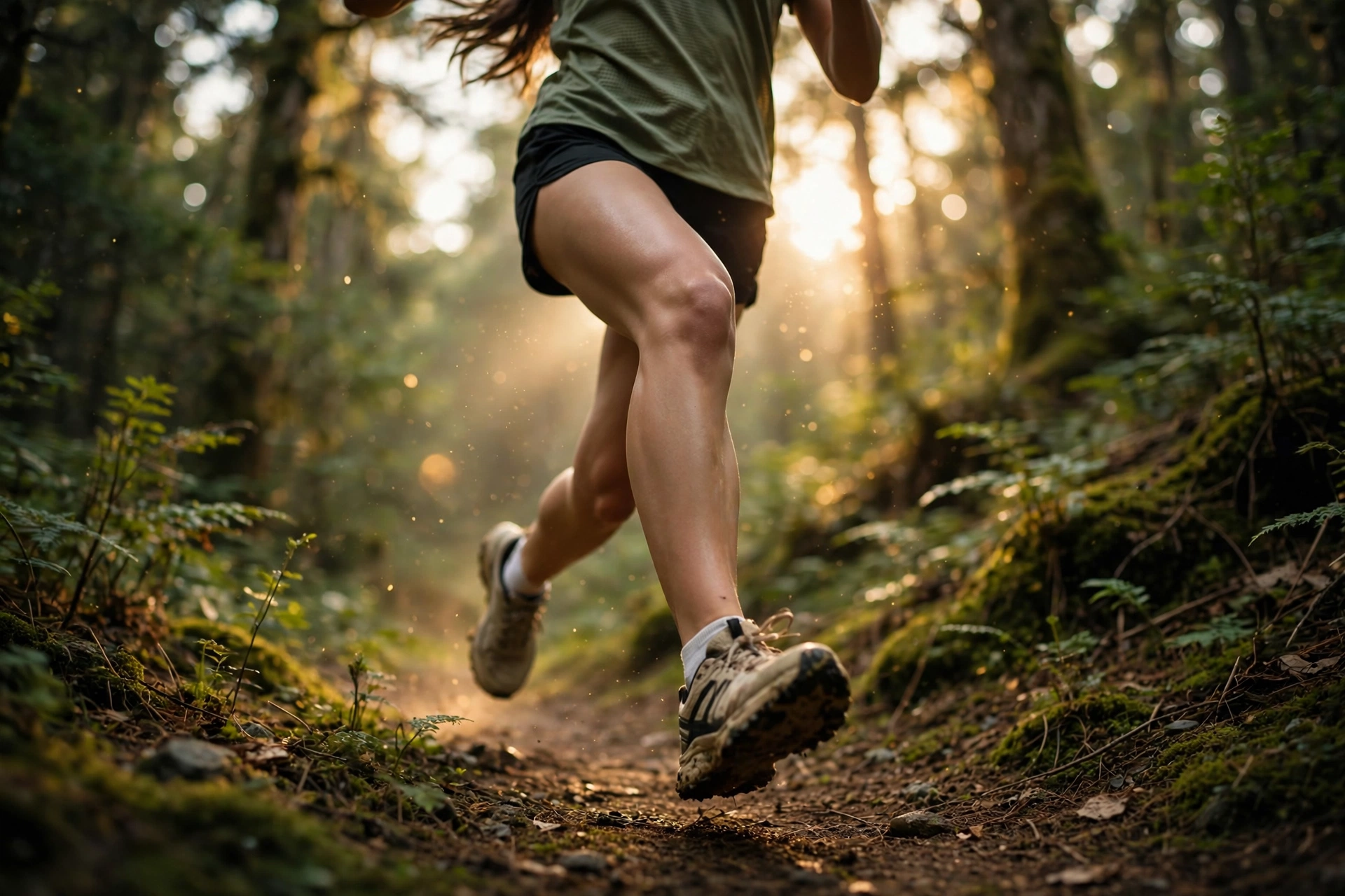 A runner on a misty forest trail at dawn, deep green foliage and warm cream morning light, motion in the legs
