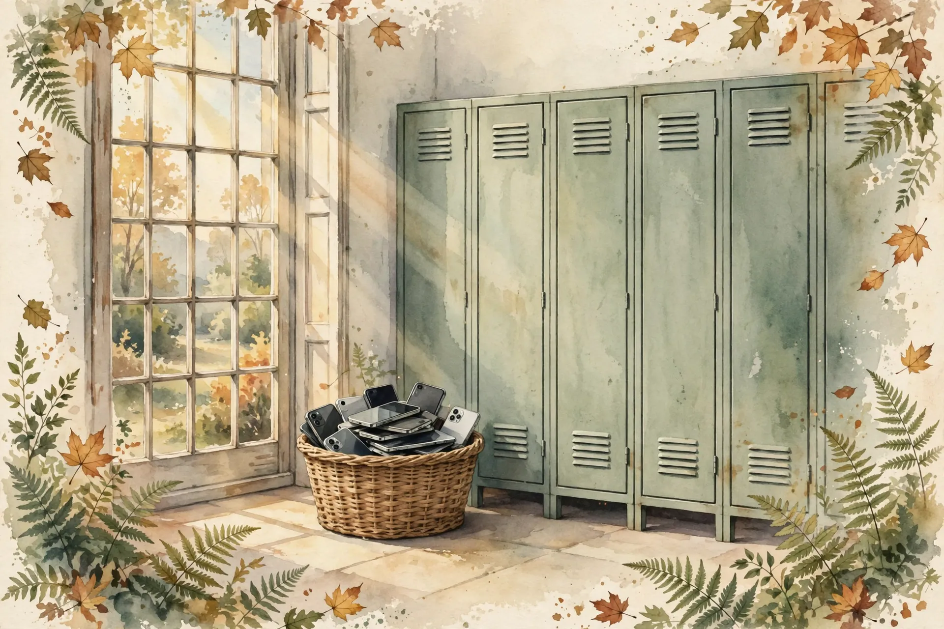 Vintage nature-magazine watercolor of a woven basket of smartphones by a school locker row, sage green lockers, warm morning light, earthy greens and warm creams, editorial illustration, no text
