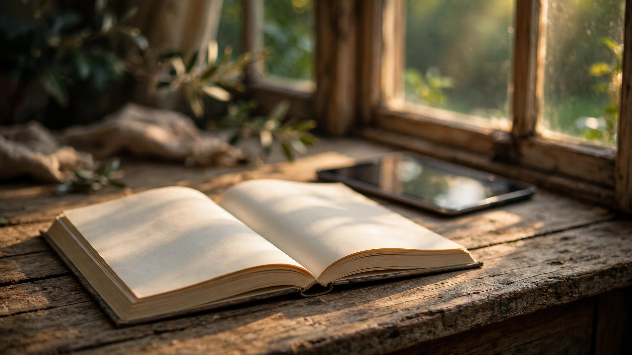 An open printed book resting on a weathered wooden desk near a window with soft natural light, a tablet face-down beside it in shadow, with earthy warm tones and a nature-inspired palette