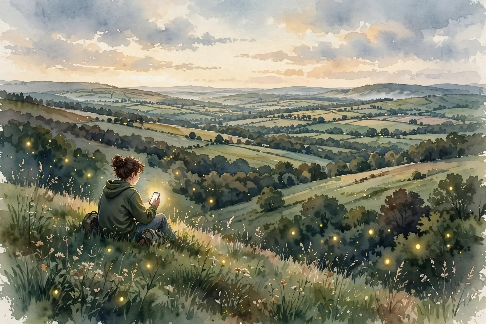 Watercolor illustration of a teenager sitting on a grassy hill at dusk holding a small glowing phone, dwarfed by a vast rolling landscape, deep earthy greens and warm cream twilight tones, fireflies drifting, no text