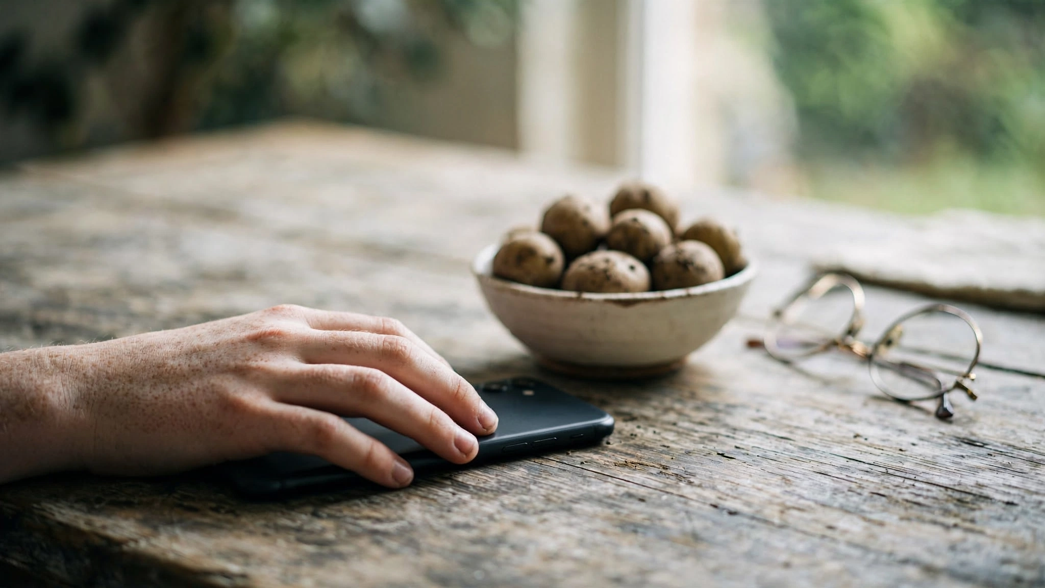 A teenager's hand resting on a face-down smartphone on a weathered wooden table beside a bowl of potatoes and a pair of wire-framed glasses in soft natural light