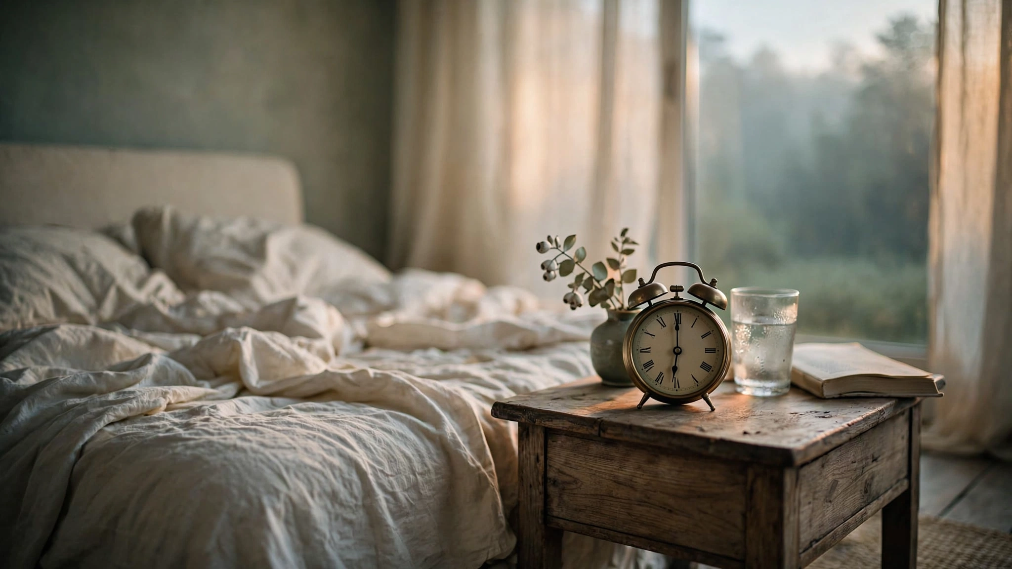 A rumpled white bed with an analog alarm clock showing six o'clock on a weathered nightstand in soft pre-dawn light