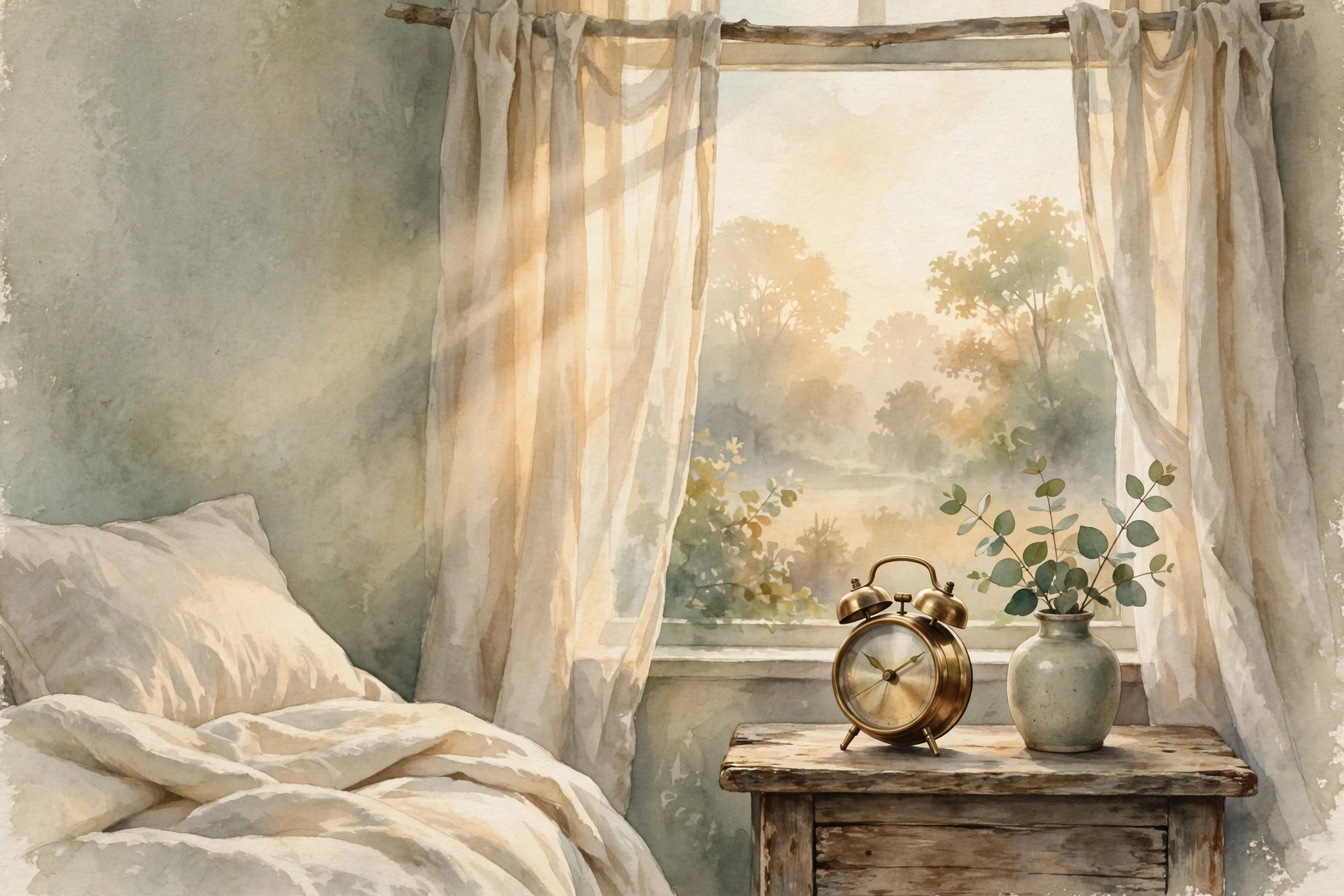 Vintage nature-magazine watercolor of a serene bedroom at dawn with soft light through linen curtains, an antique brass alarm clock on a weathered wooden nightstand beside a sprig of eucalyptus, muted sage greens and warm creams, editorial illustration, no text