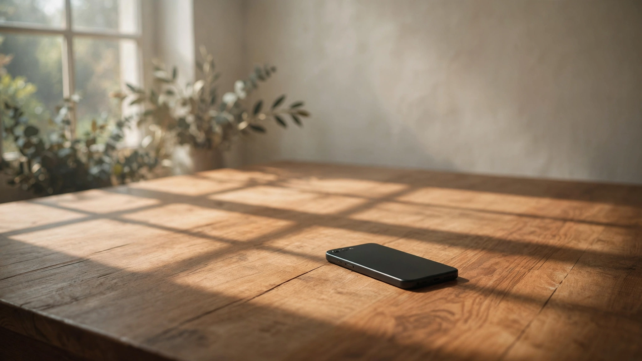 A single smartphone lying face down on a bare wooden desk, early morning light casting a soft geometric shadow across the grain