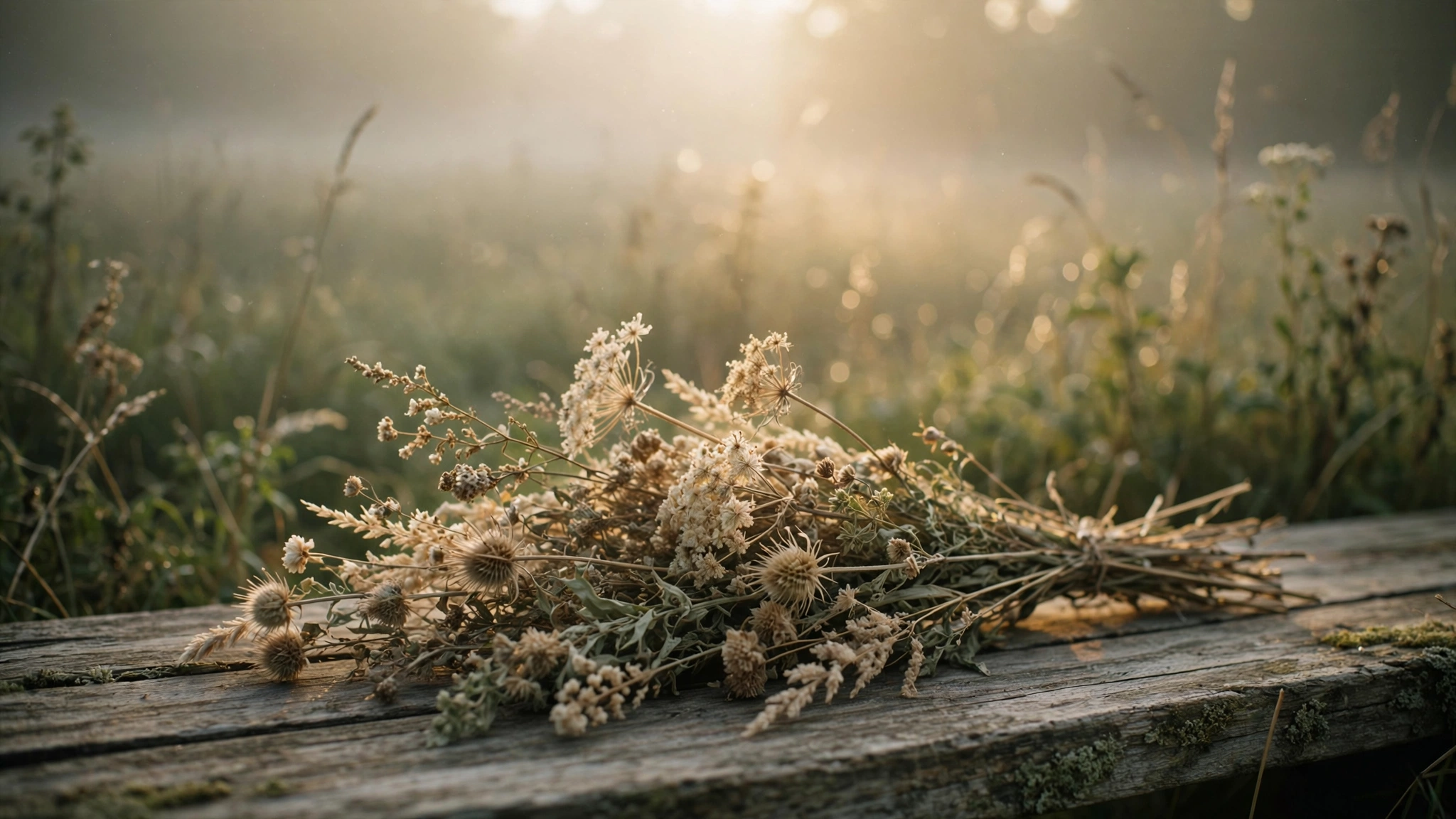 Wildflowers and dried botanical stems in soft golden morning light on a weathered wooden surface with an out-of-focus meadow behind