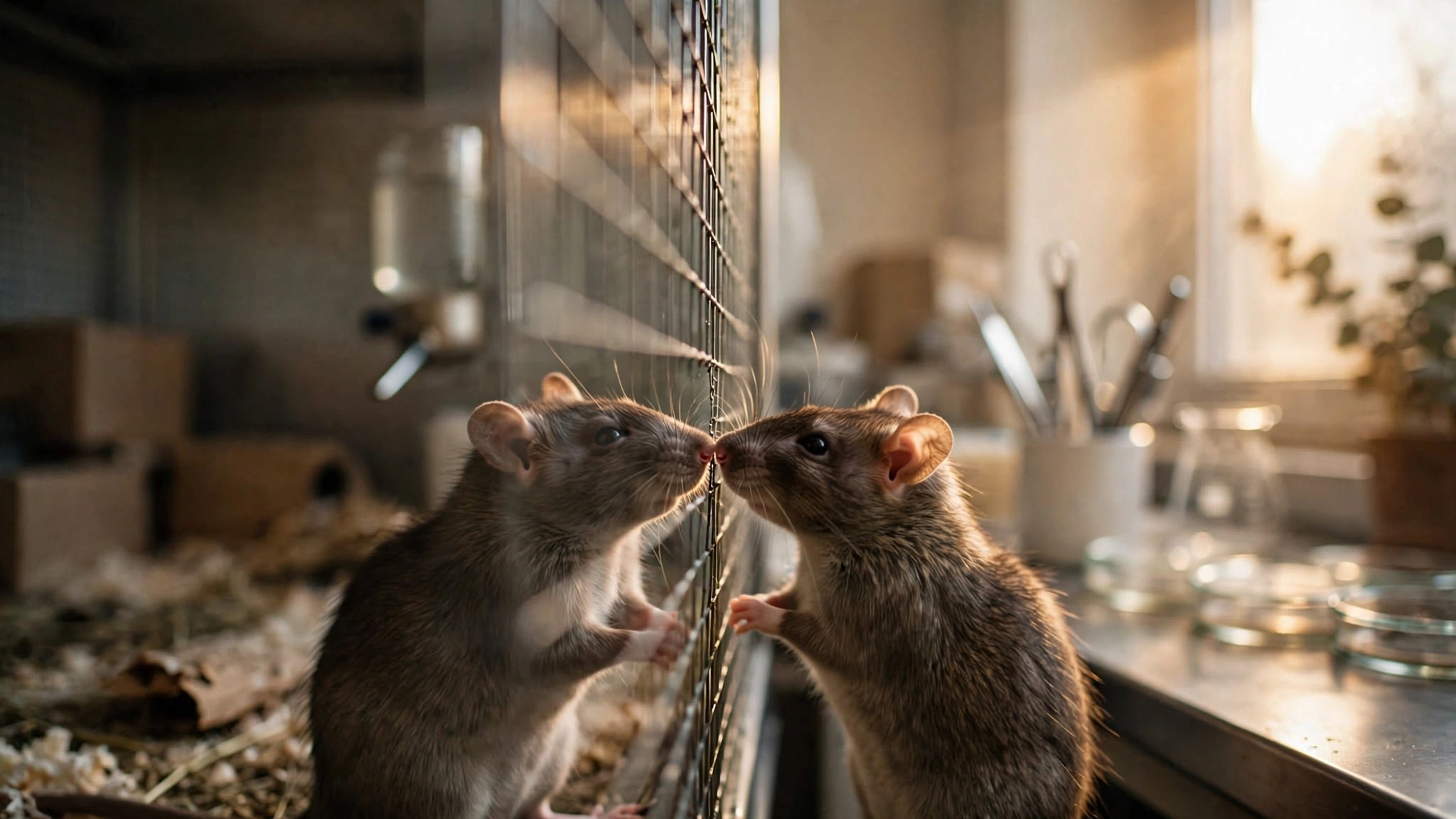 Two rats touching noses through a wire mesh divider in warm laboratory light, conveying social connection