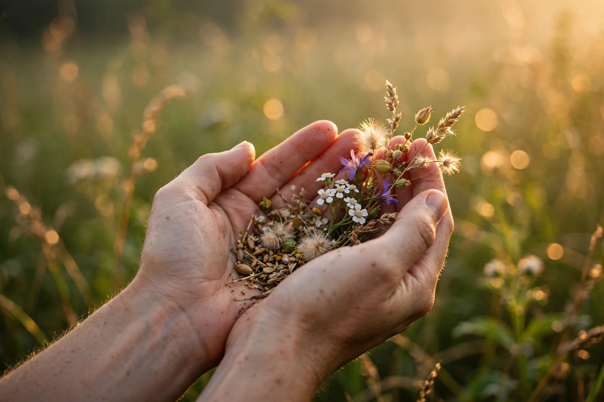 Open hands cupping wildflowers and seeds in warm golden morning light, with a soft bokeh meadow background in earthy greens and warm amber tones