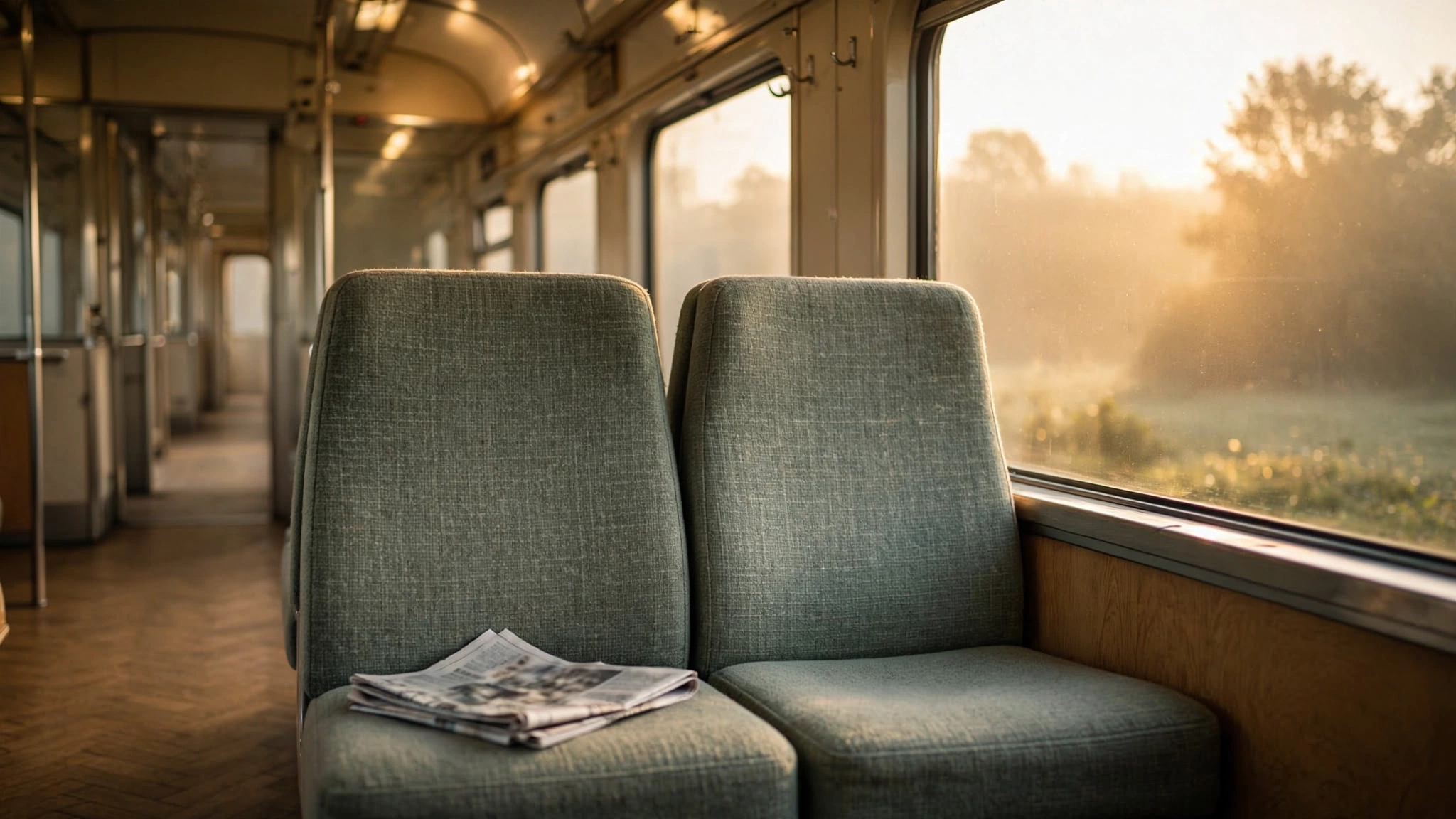 An empty commuter train car bathed in warm golden morning light, two seats side by side with a forgotten newspaper on one