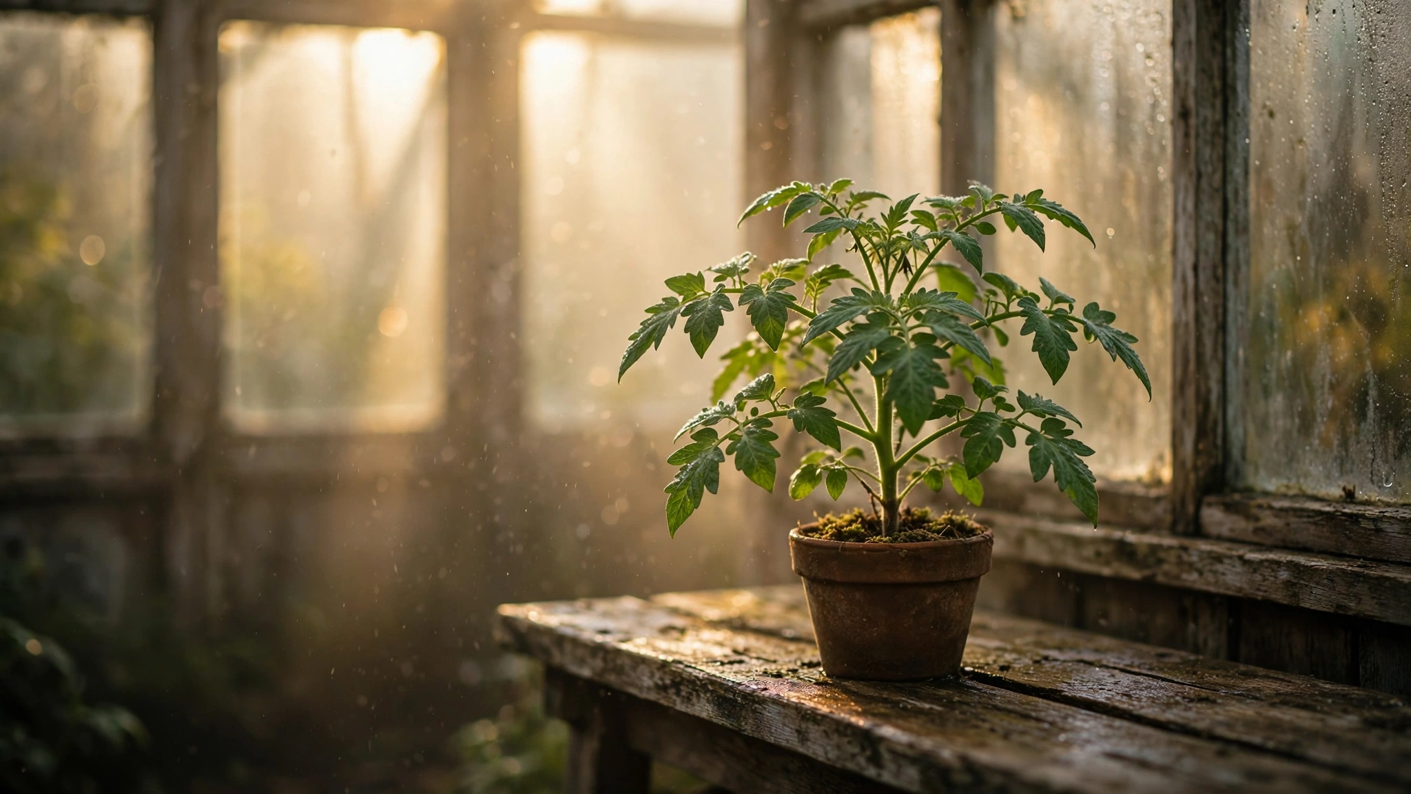 A single tomato plant on a wooden greenhouse bench backlit by soft golden morning light with fine water droplets visible in the warm air