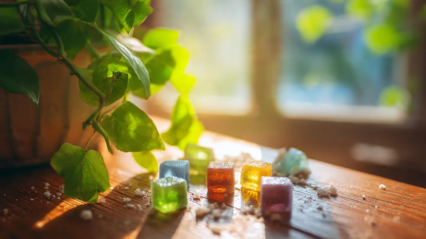 A bowl of colorful candy on a wooden table with soft natural light, surrounded by scattered sugar cubes and green leaves