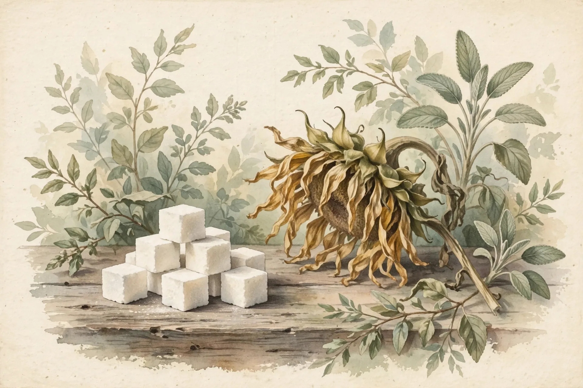 Vintage botanical watercolor illustration: a small pile of white sugar cubes on a weathered wooden table beside a drooping wilted sunflower head at dusk, soft warm cream background with sage green foliage, earthy greens and warm creams, nature-magazine style, no text