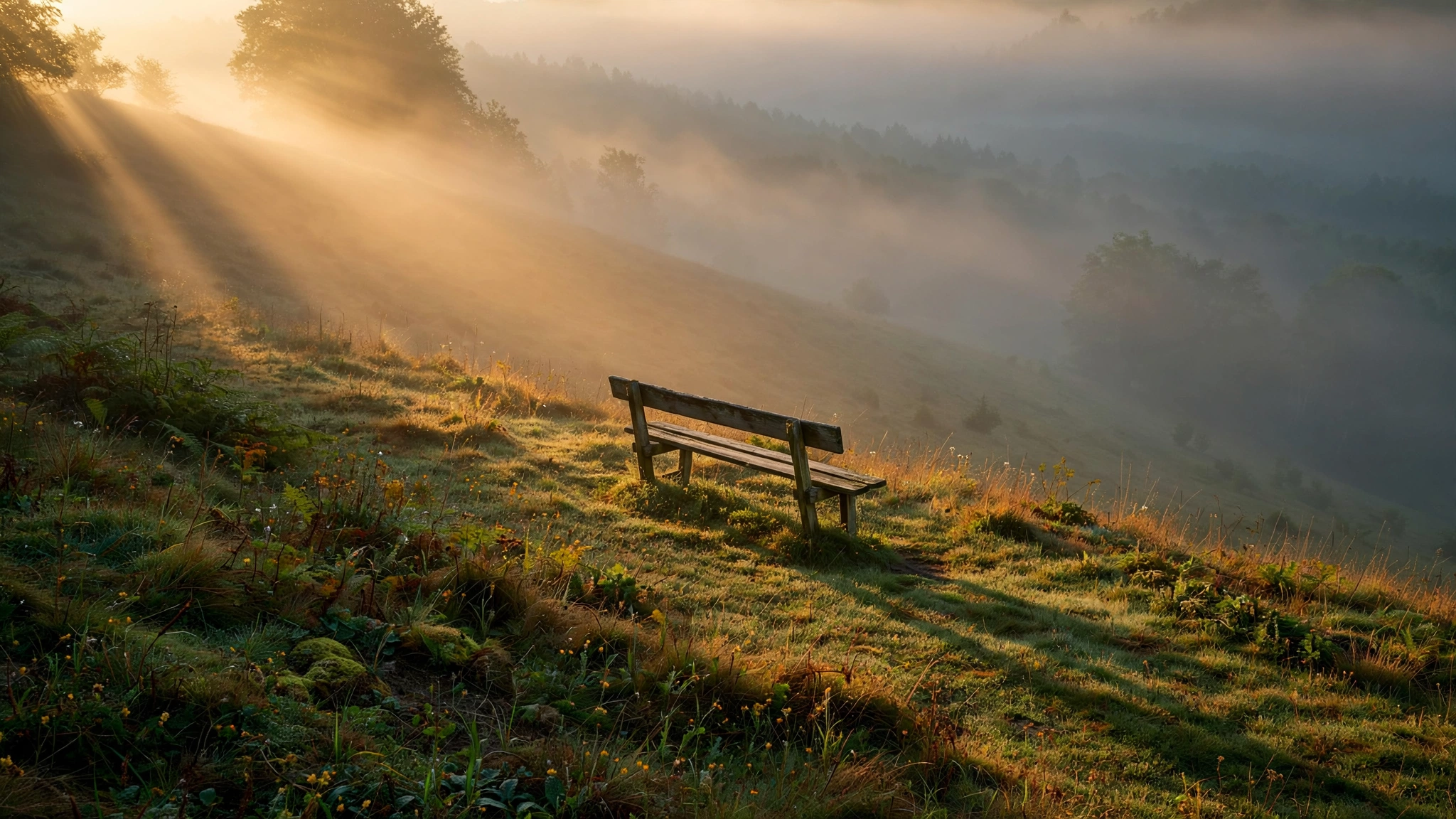 Warm golden sunlight streaming through morning mist over a grassy hillside with a single empty wooden bench