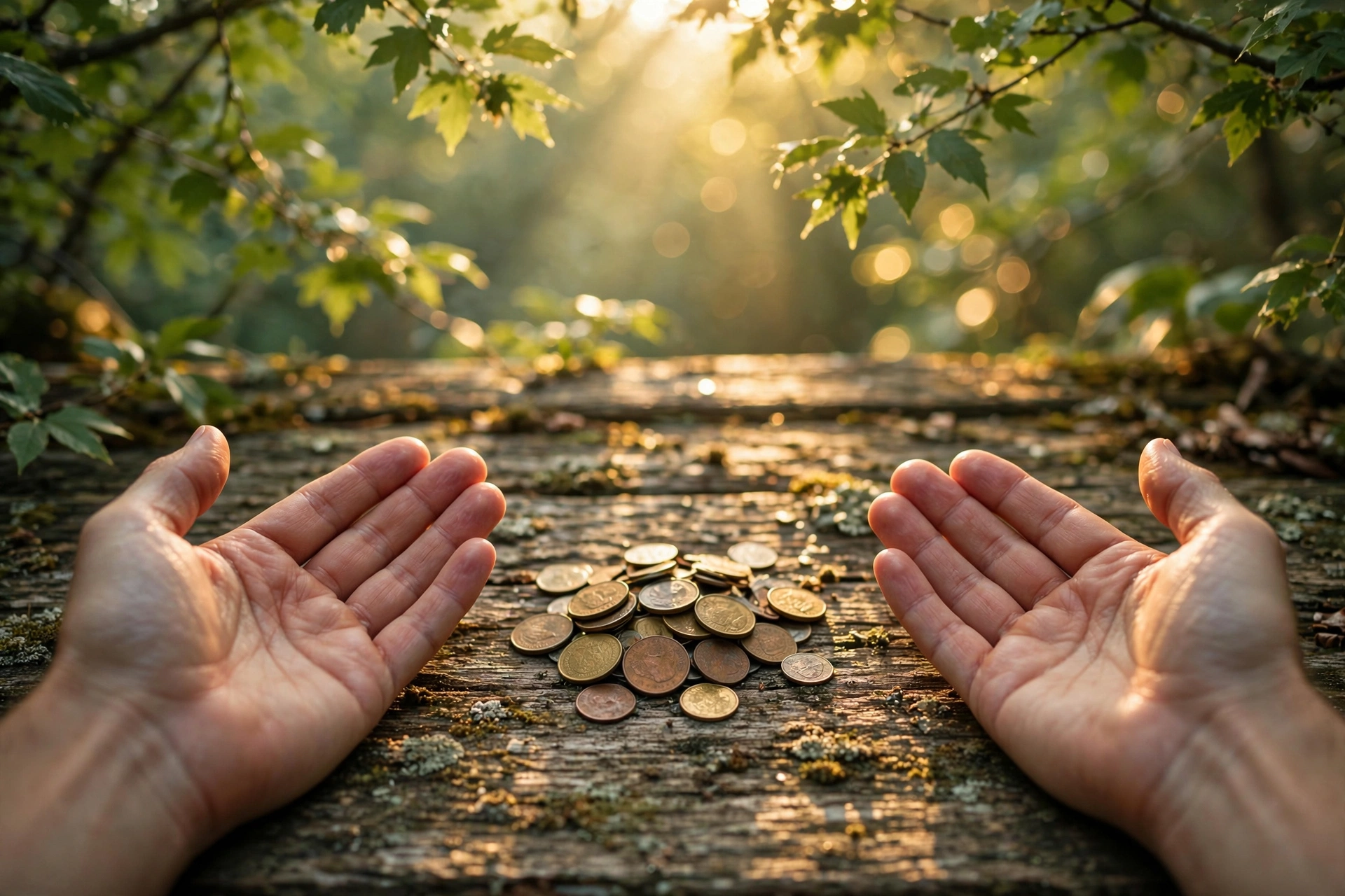 Two hands reaching toward each other across a weathered wooden table in warm golden light, nature-inspired earthy tones