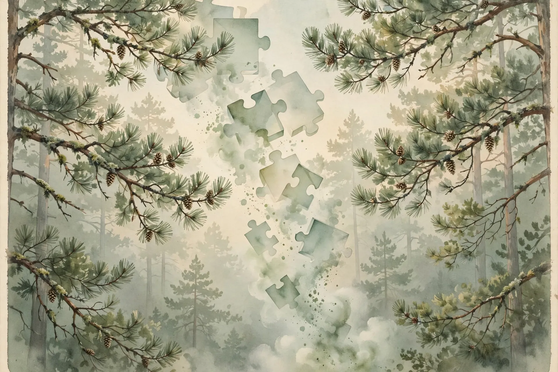 Vintage nature-magazine watercolor of translucent geometric puzzle pieces drifting down through a misty pine forest at dawn, dissolving into soft green mist, sage green and warm cream tones, editorial illustration, no text