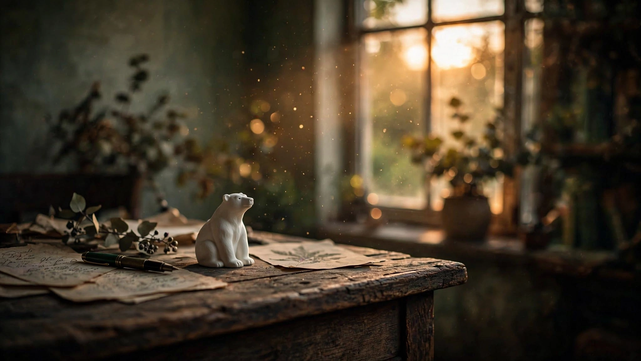 A small white bear figurine sits on a weathered desk in warm amber light filtering through a study window