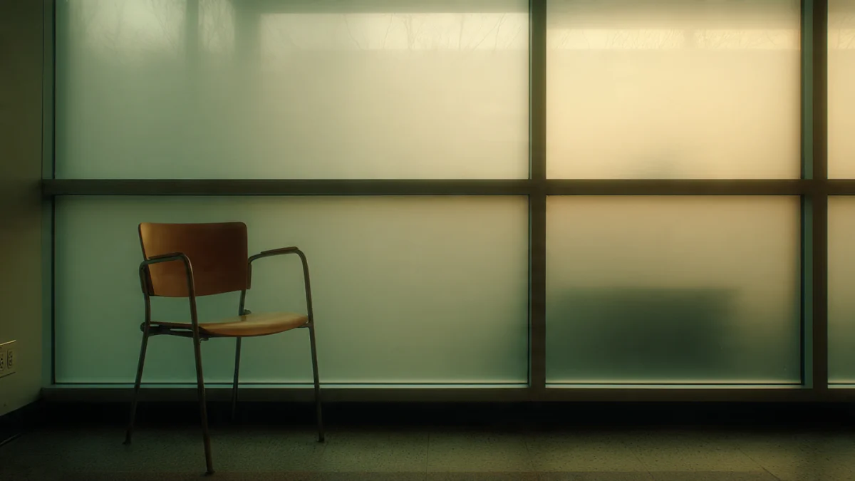 An empty chair in a bare institutional room with soft diffused morning light filtering through frosted windows
